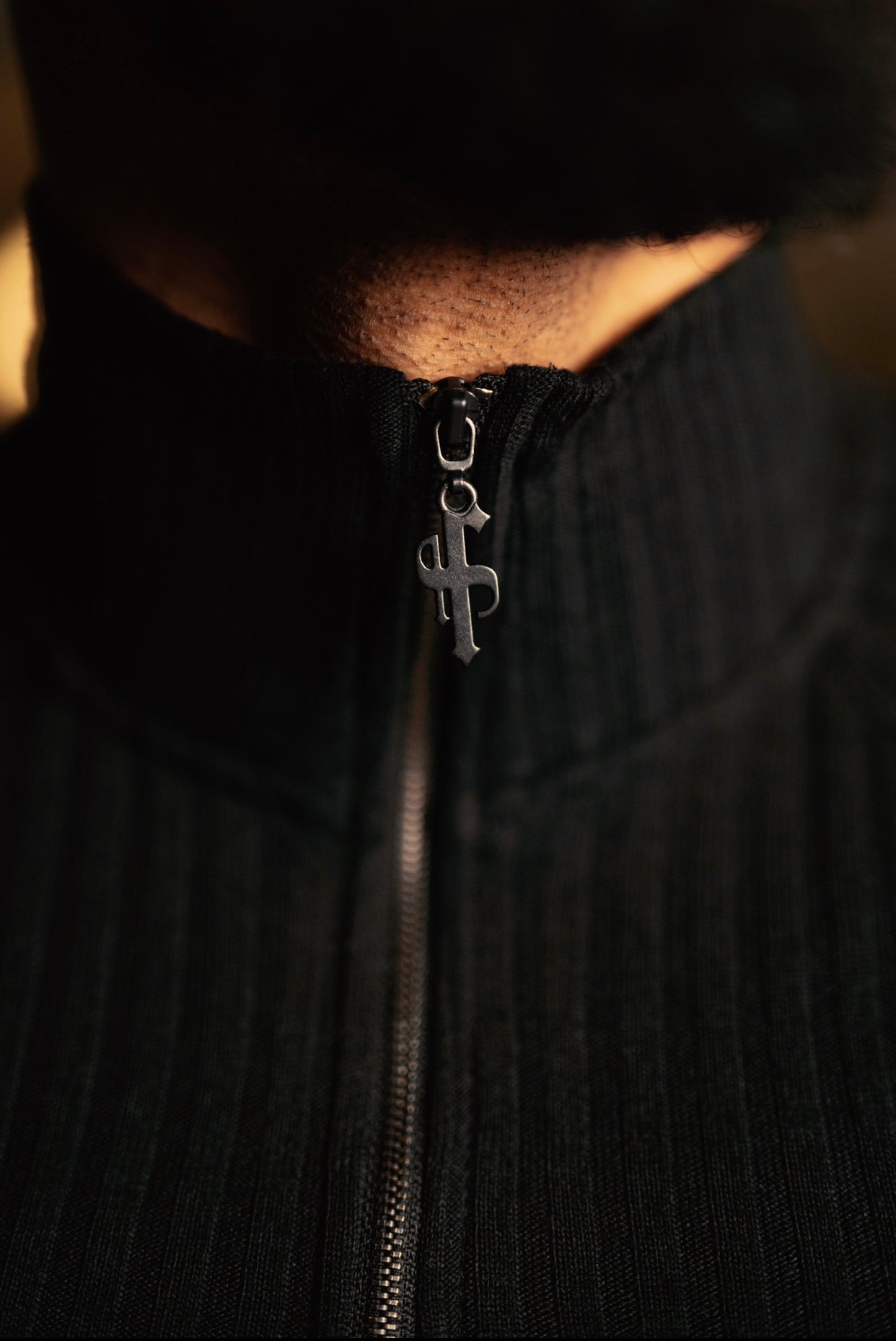 Classic Black Ribbed Zip Funnel Neck Raglan Short Sleeve Crew - FSH729