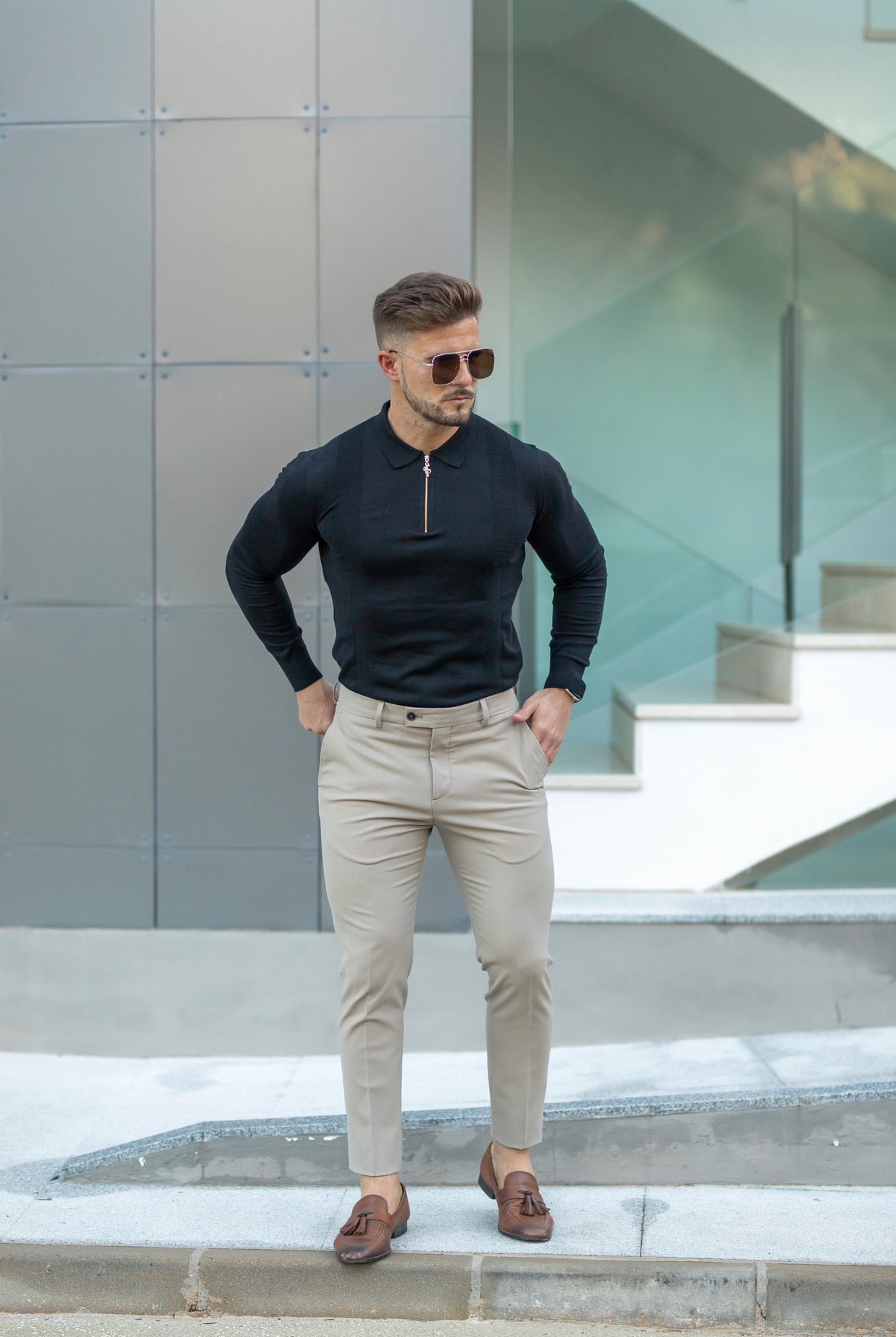Classic Black and Gold Zip Knitted Long Sleeve Polo Shirt - FSH564