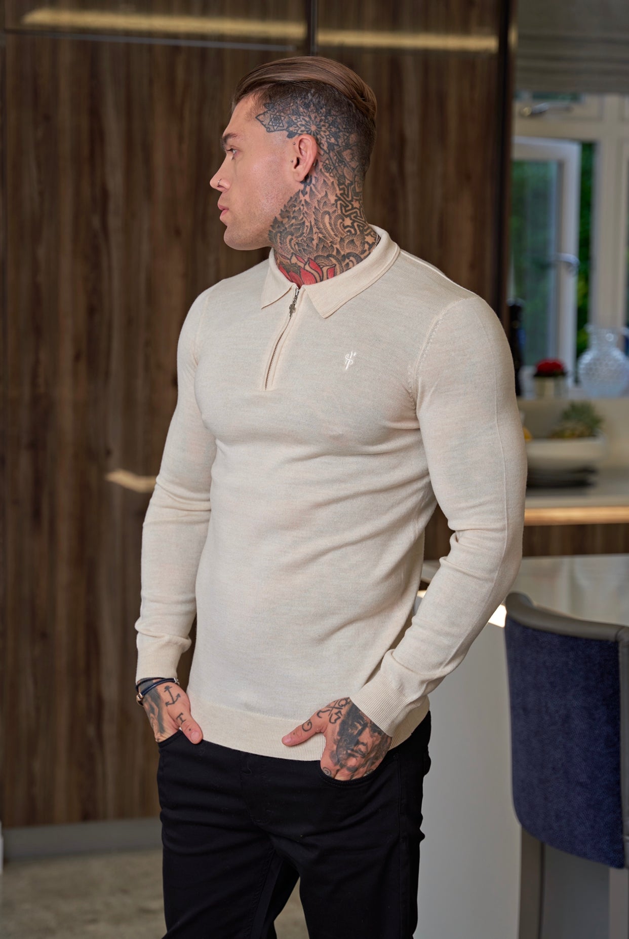 Classic Beige Merino Wool Knitted Zip Polo Long Sleeve Jumper With FS Embroidery- FSN008