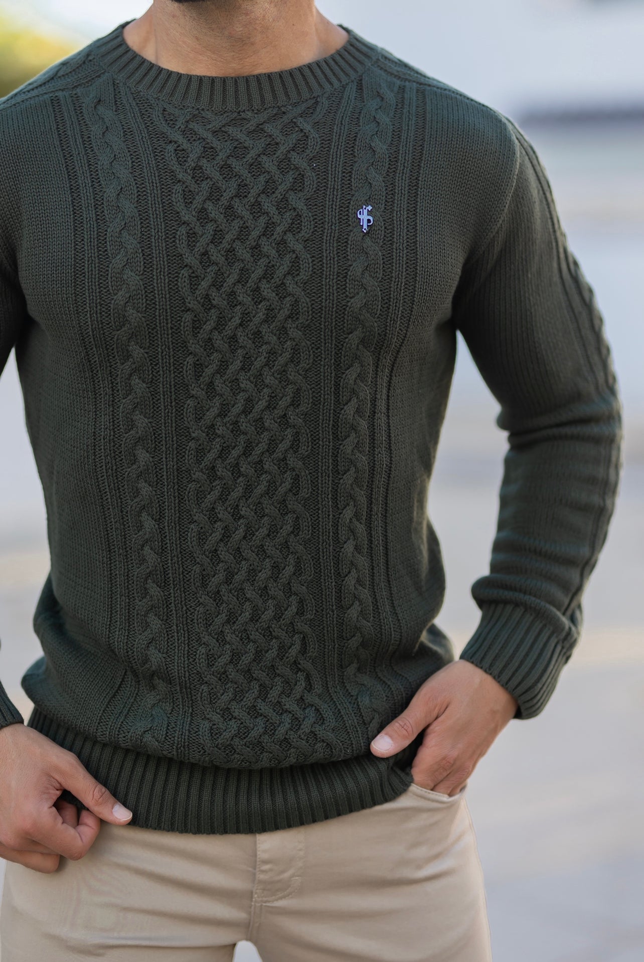 Khaki Knitted Cable Saddle Crew Super Slim Jumper With Metal Decal - FSN078