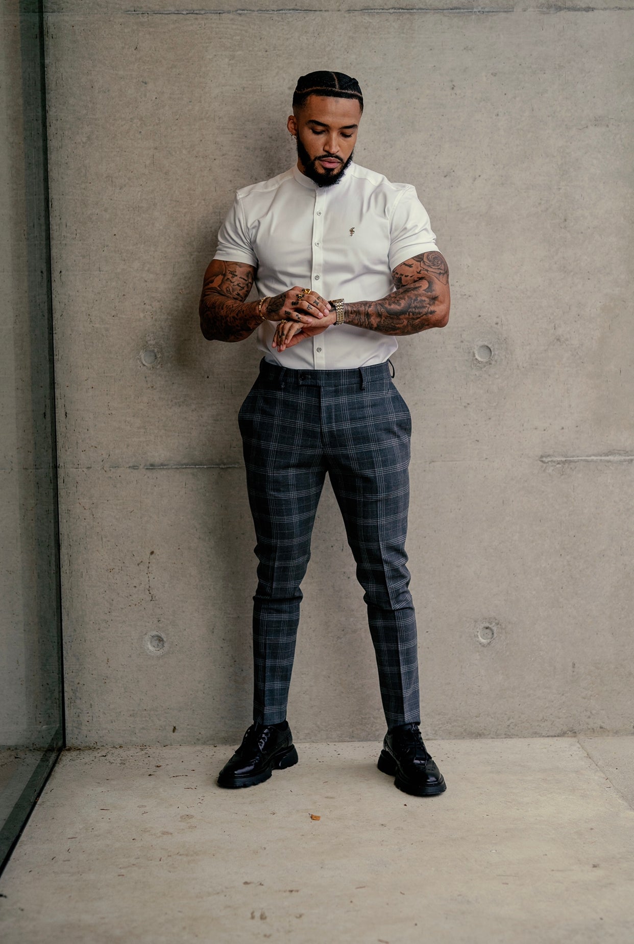 Slim Formal Large Silver Grey Check Stretch Trousers - FST005