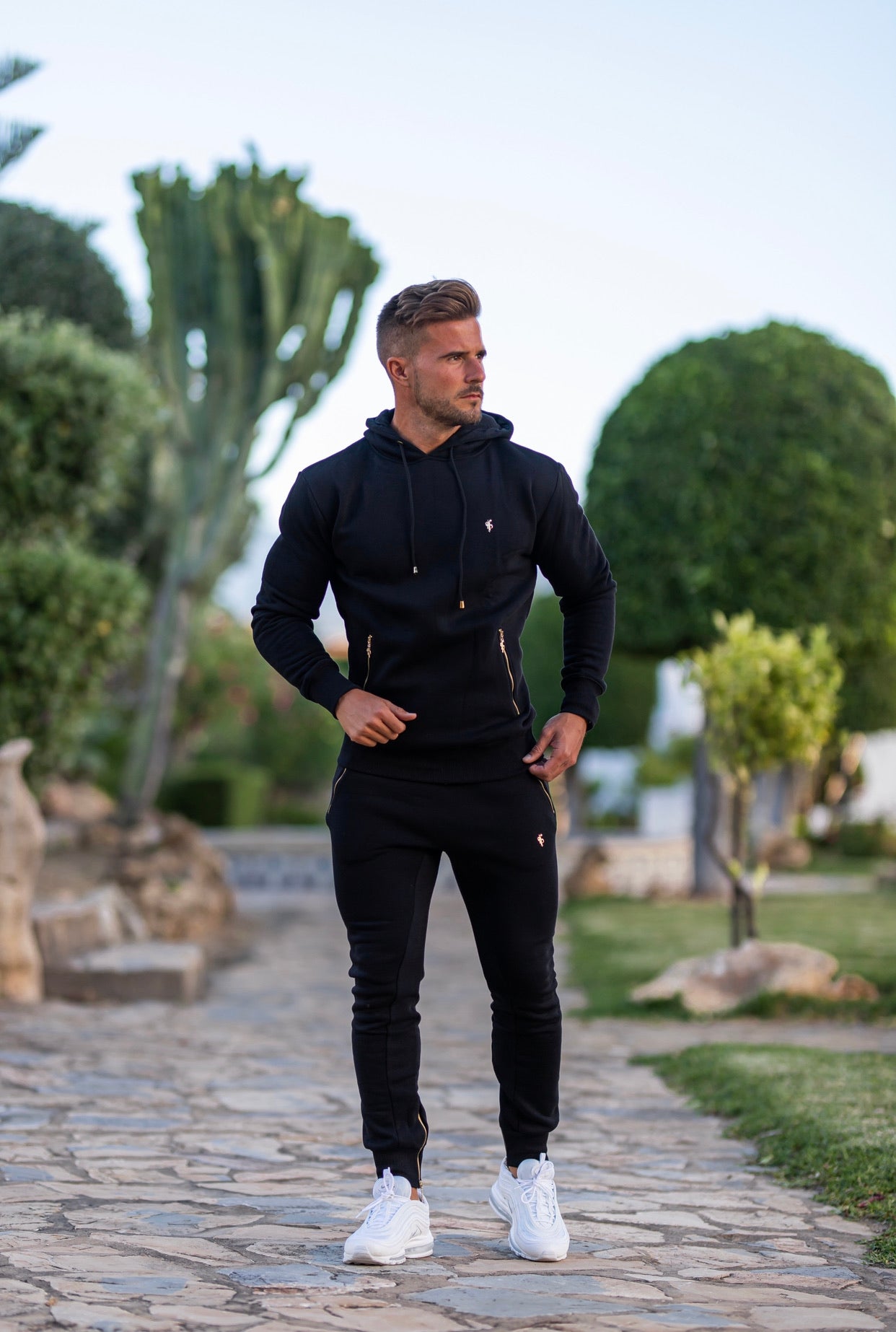 Black & Gold Overhead Hoodie Top with Zipped Pockets - FSH472