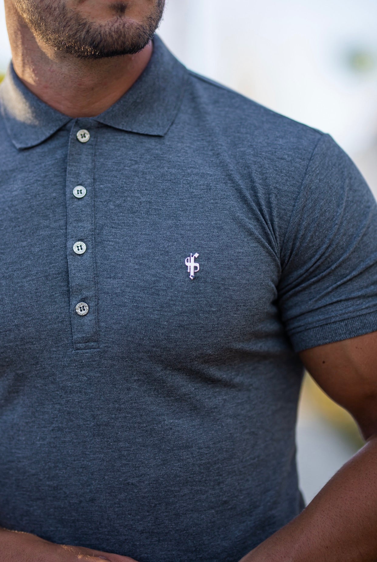 Classic Dark Grey Polo Shirt with Silver Metal Emblem Decal & Buttons - FSH460