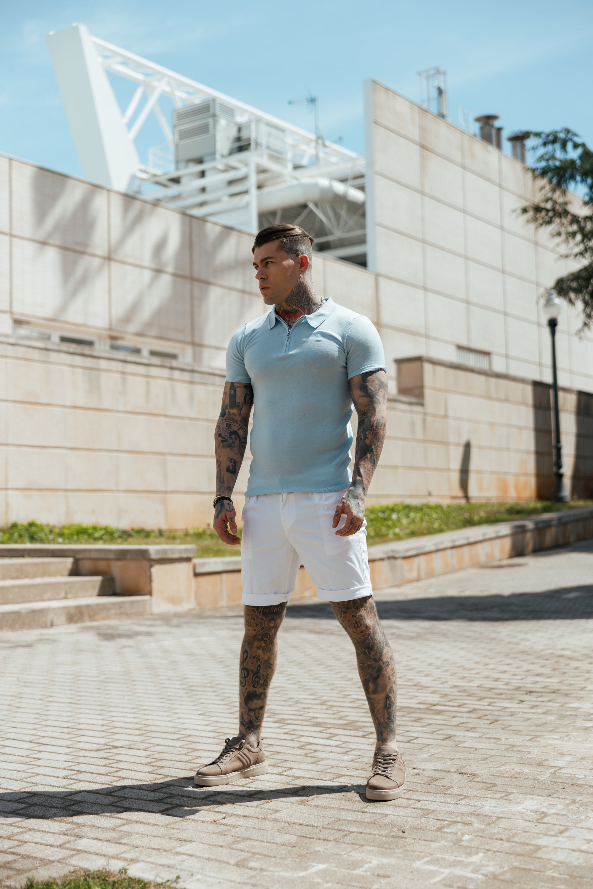 Classic Powder Blue Merino Wool Knitted Zip Polo Short Sleeve Jumper With FS Embroidery- FSN031