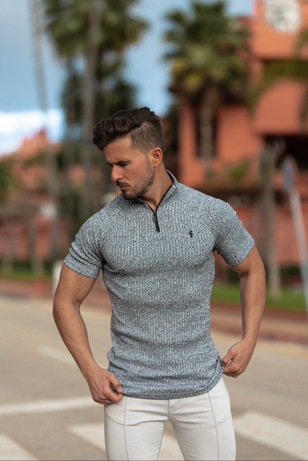 Classic Grey Ribbed Zip Funnel Neck Raglan Short Sleeve Crew - FSH730