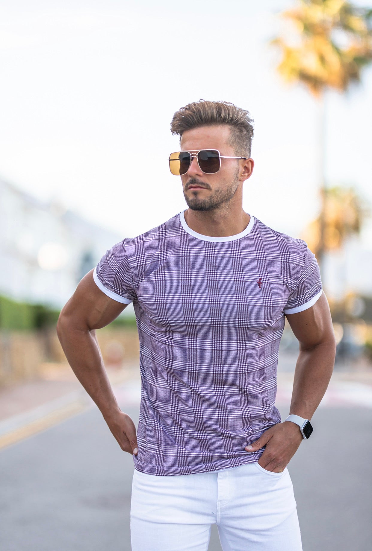 Prince of Wales Burgundy & White Check Crew T Shirt - FSH443