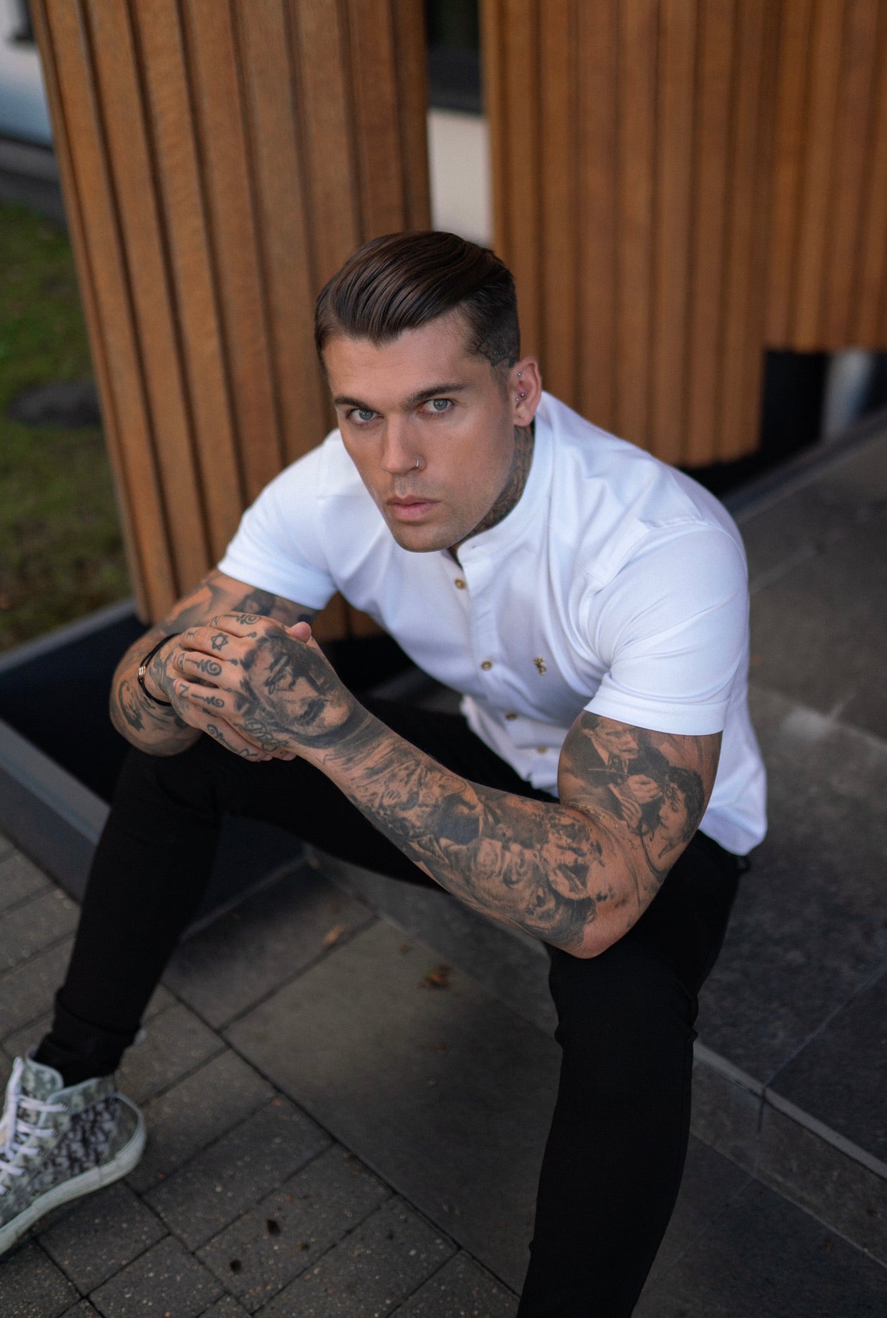 Super Slim Stretch White Denim Short Sleeve Grandad collar with Metal Buttons and Decal Emblem - FS720