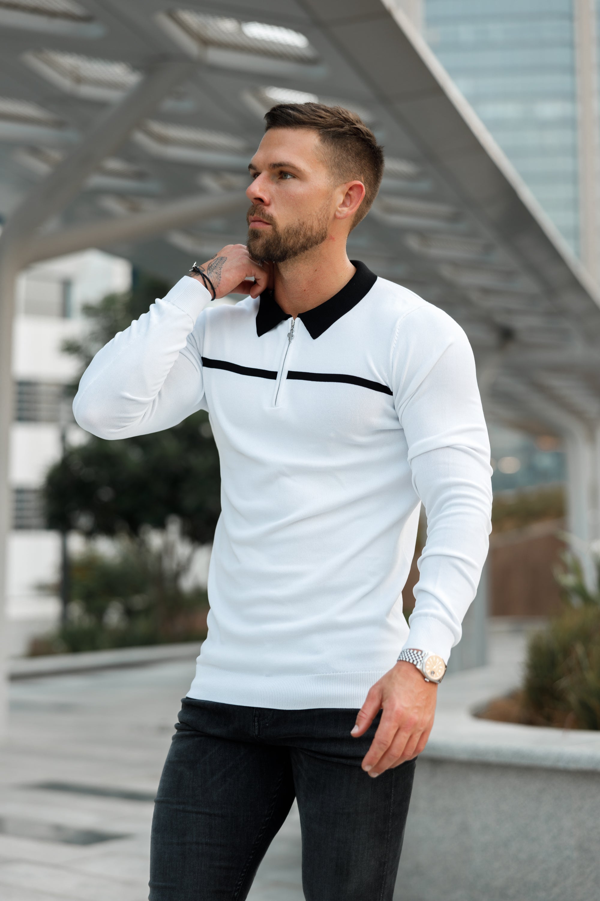 Classic White / Black Horizontal Stripe Zipped Polo Long Sleeve - FSN050