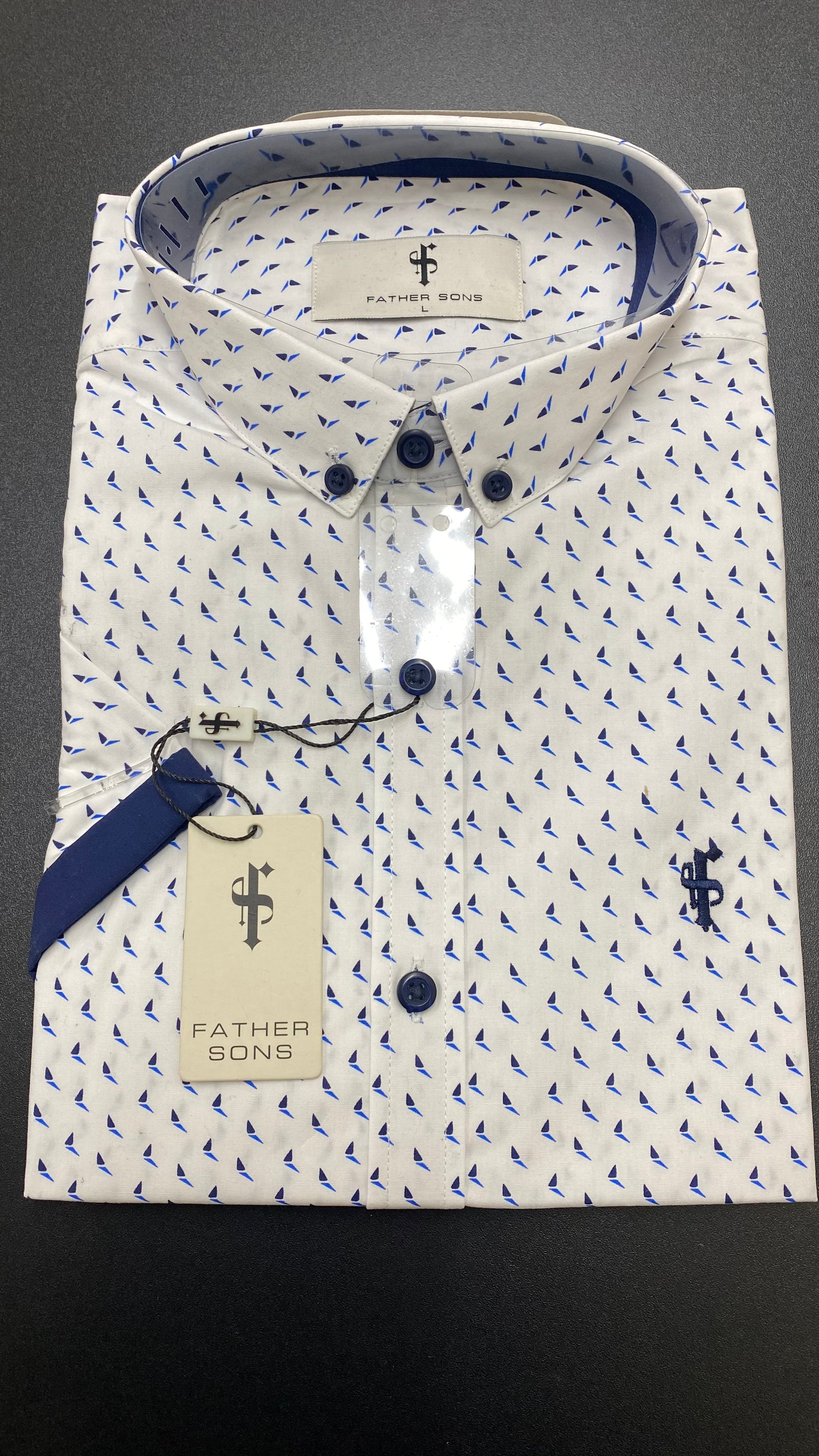 White with Blue / Navy Print With Navy Contrast Sleeve- FSX121 (LAST CHANCE)