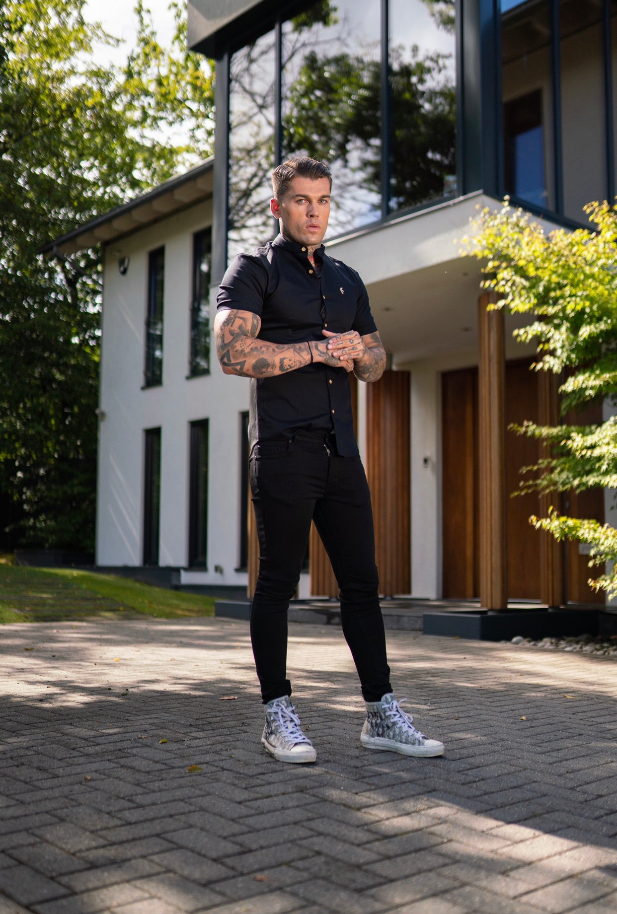 Super Slim Stretch Black Denim Short Sleeve Grandad collar with Metal Buttons and Decal Emblem - FS708