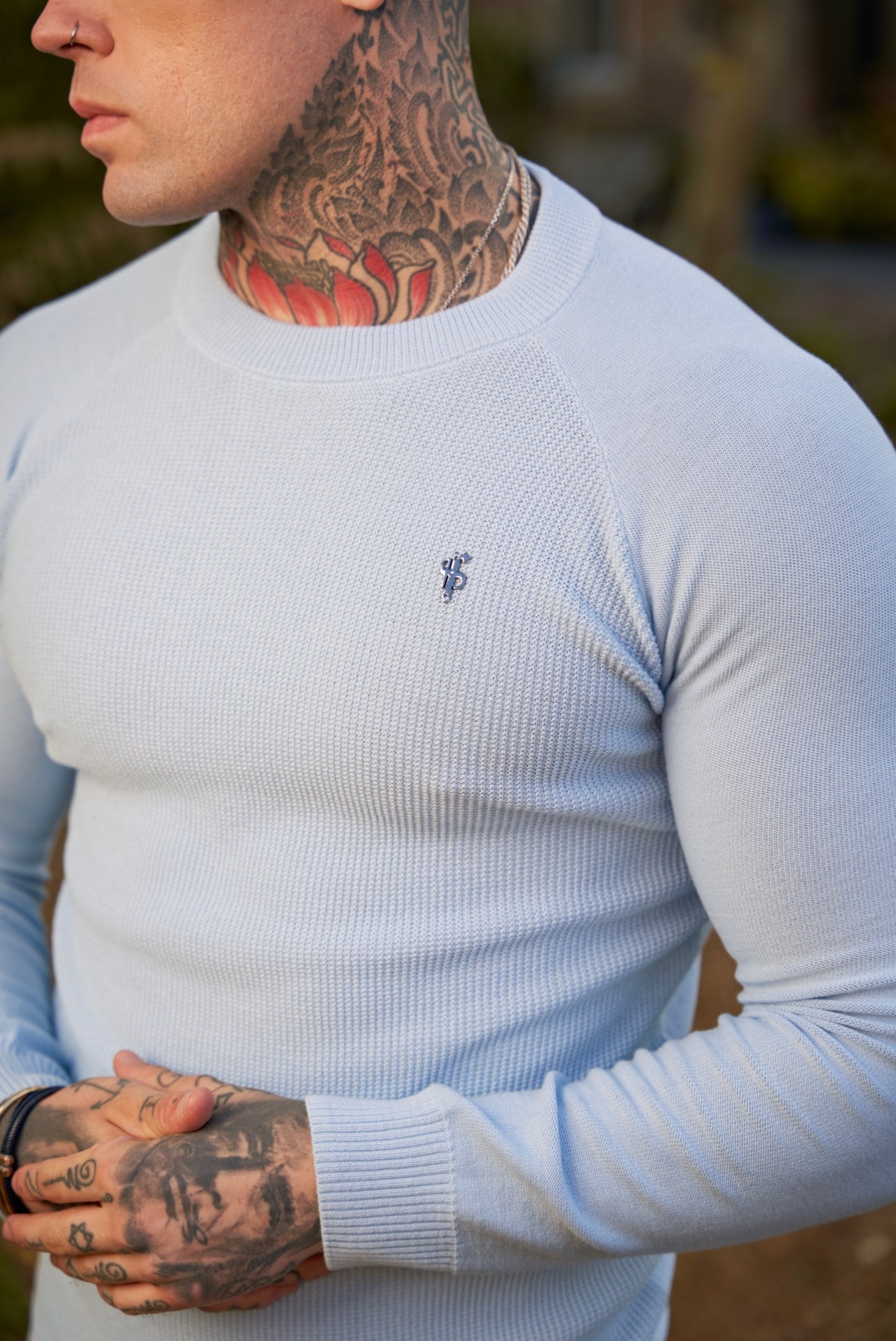 Sky Blue Knitted Honeycomb Raglan Crew Super Slim Jumper With Metal Decal - FSN067