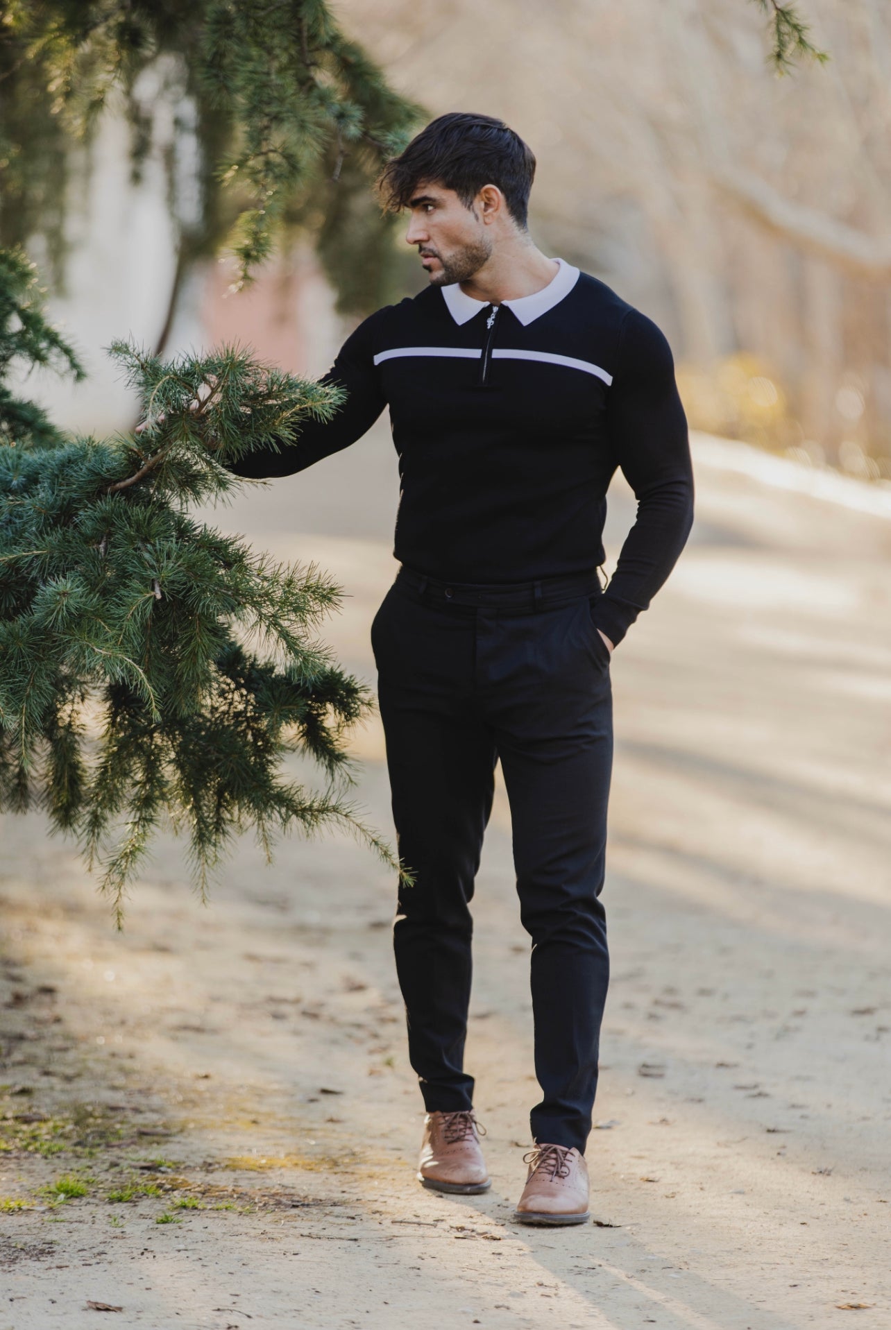 Classic Black / White Horizontal Stripe Zipped Polo Long Sleeve - FSN047