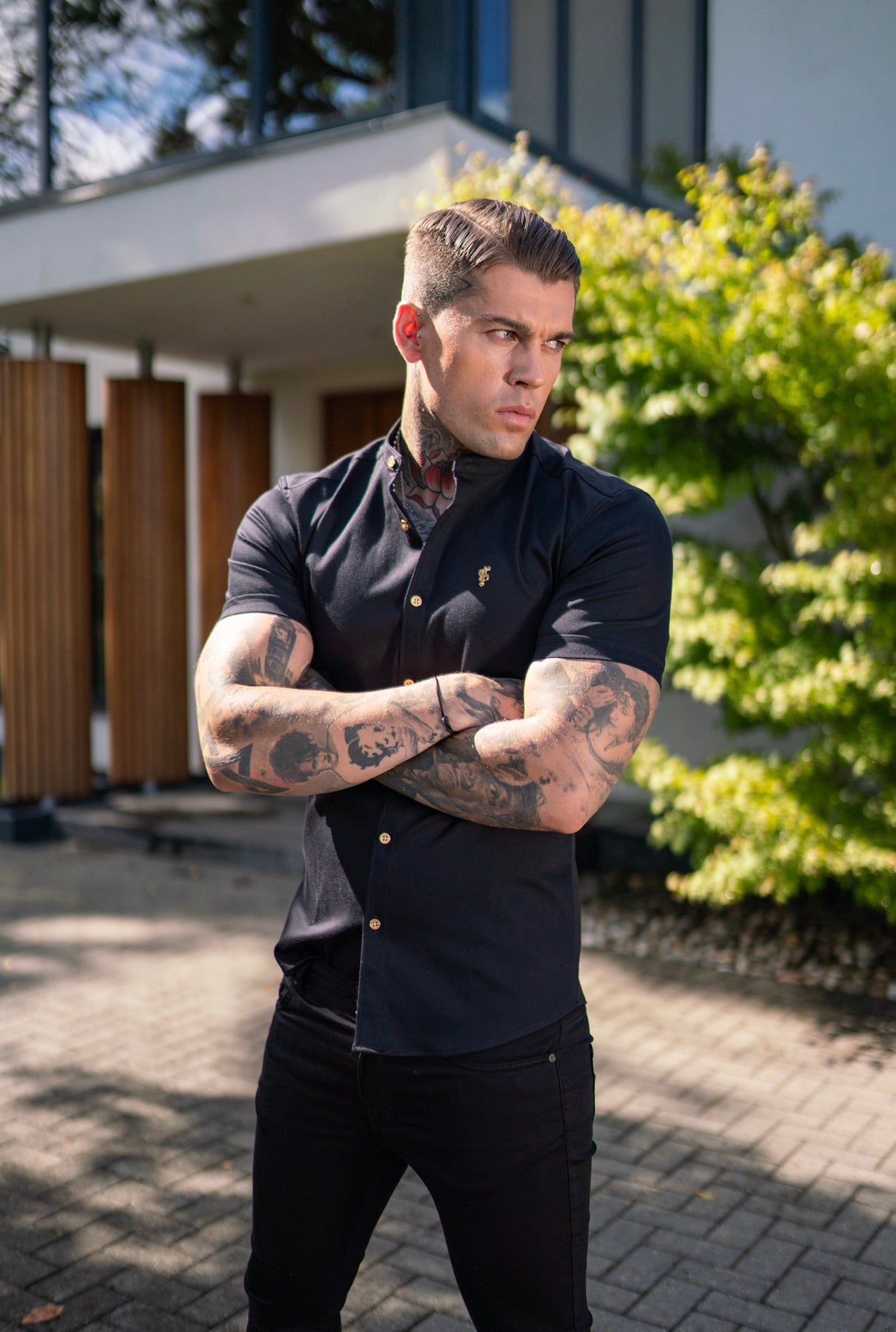 Super Slim Stretch Black Denim Short Sleeve Grandad collar with Metal Buttons and Decal Emblem - FS708