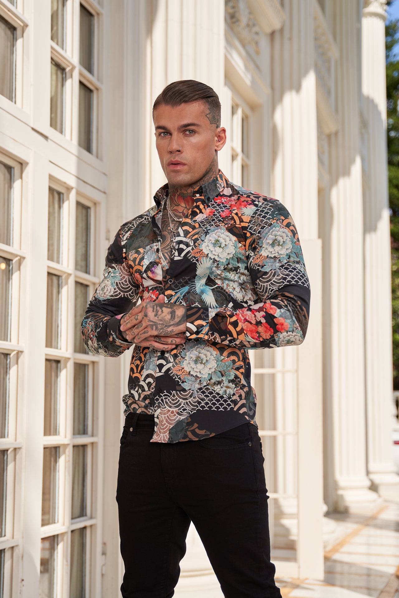 Super Slim Stretch Multi Oriental Print Long Sleeve with Button Down Collar - FS771