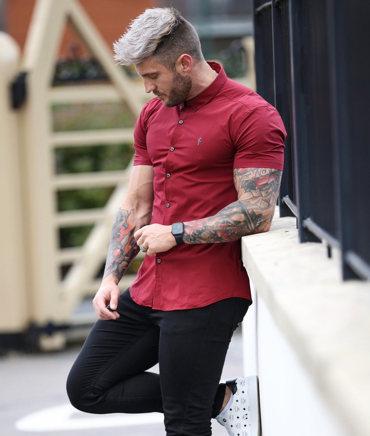 Super Slim Stretch Classic Ox Blood Short Sleeve With Button Down Collar - FS820