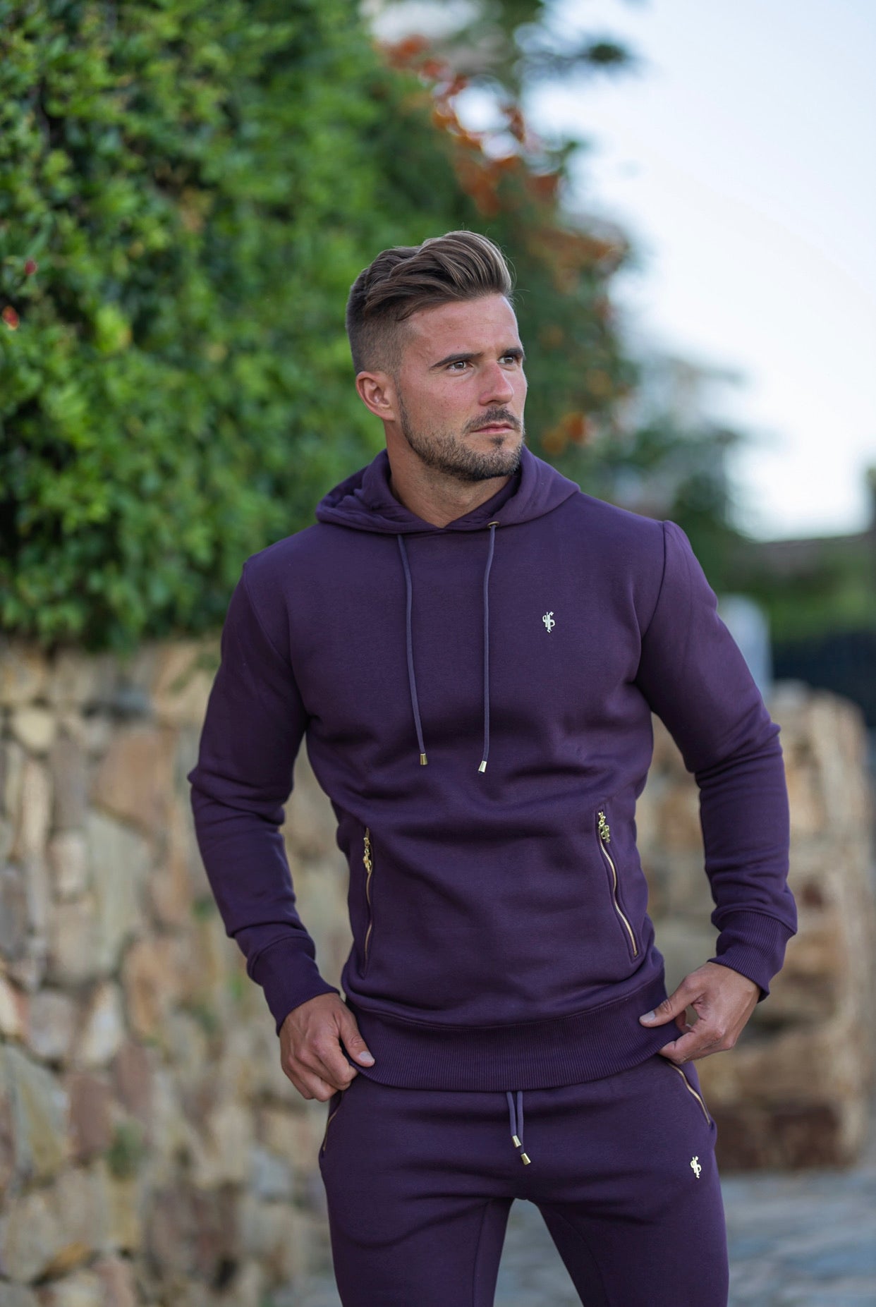 Plum / Purple & Gold Overhead Hoodie Top with Zipped Pockets - FSH485