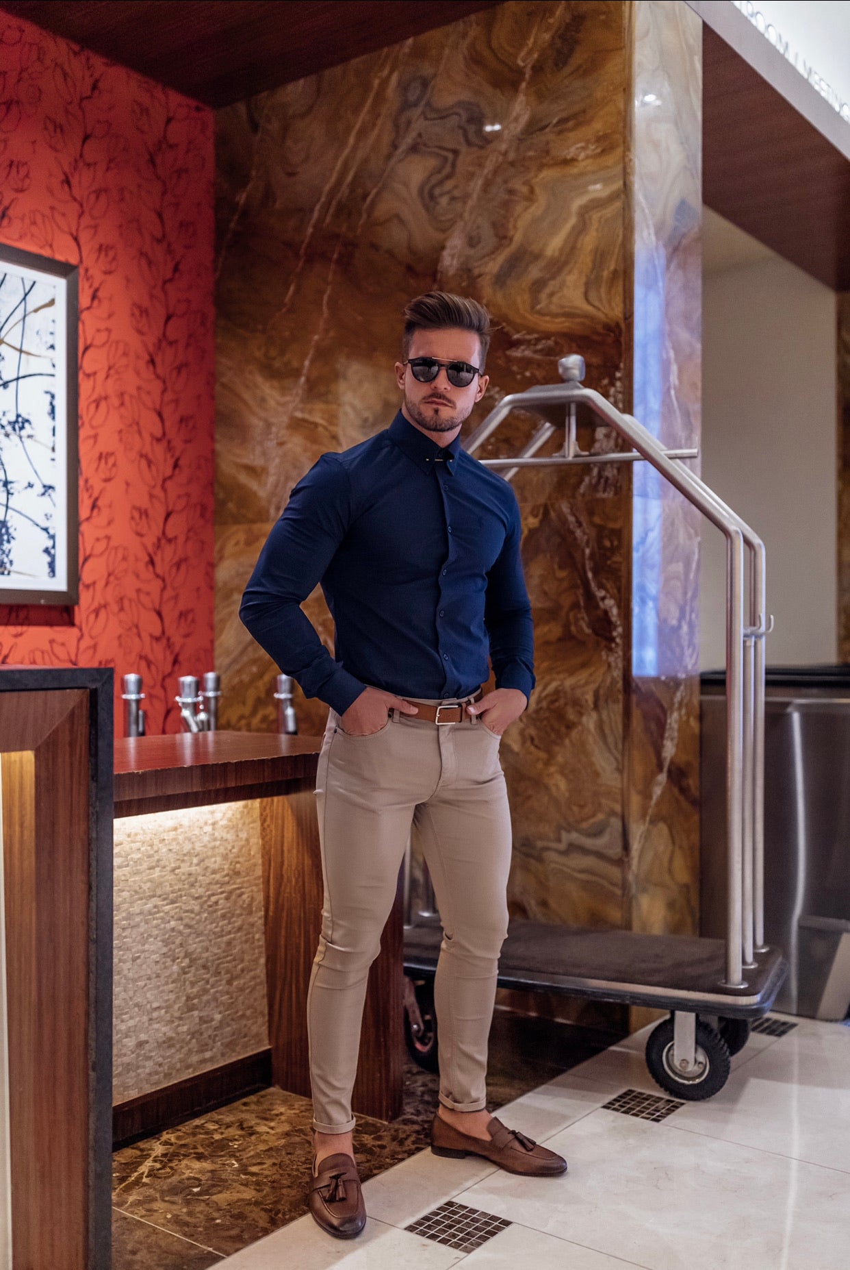 Classic Navy Regular Stretch Shirt with Gold Pin Collar and Navy Embroidery - FS622