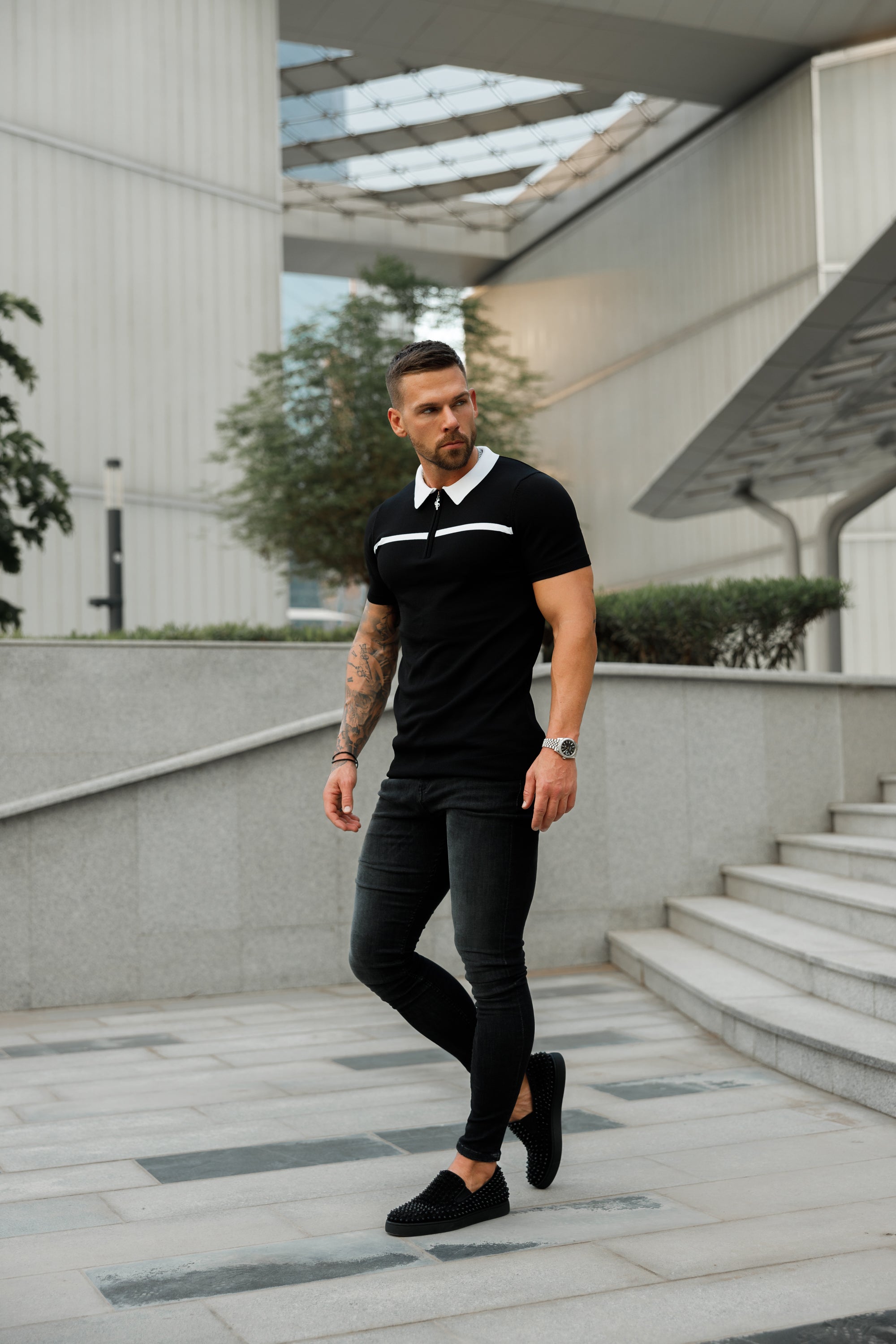 Classic Black / White Horizontal Stripe Zipped Polo Short Sleeve - FSN038