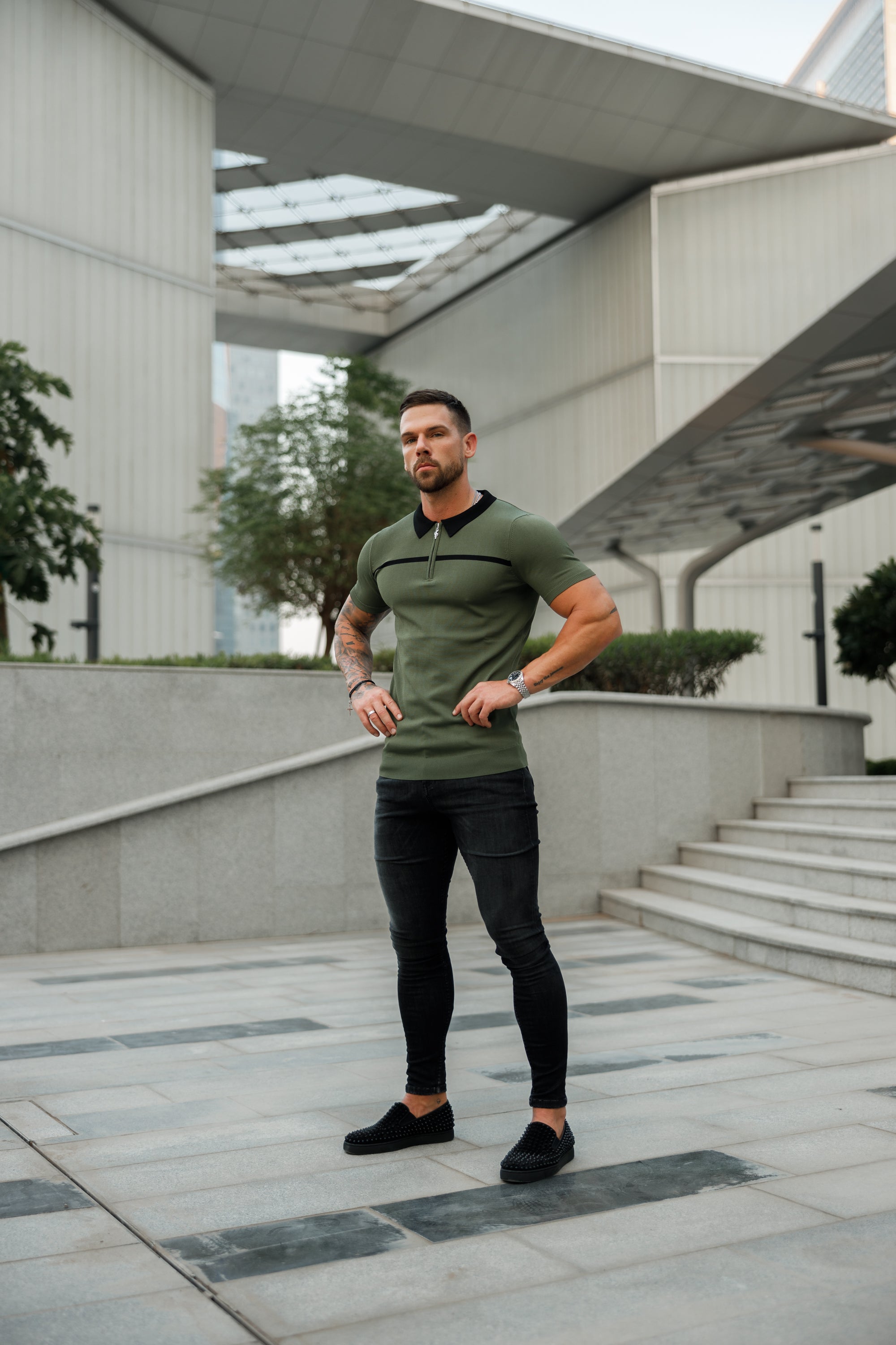 Classic Khaki / Black Horizontal Stripe Zipped Polo Short Sleeve - FSN042