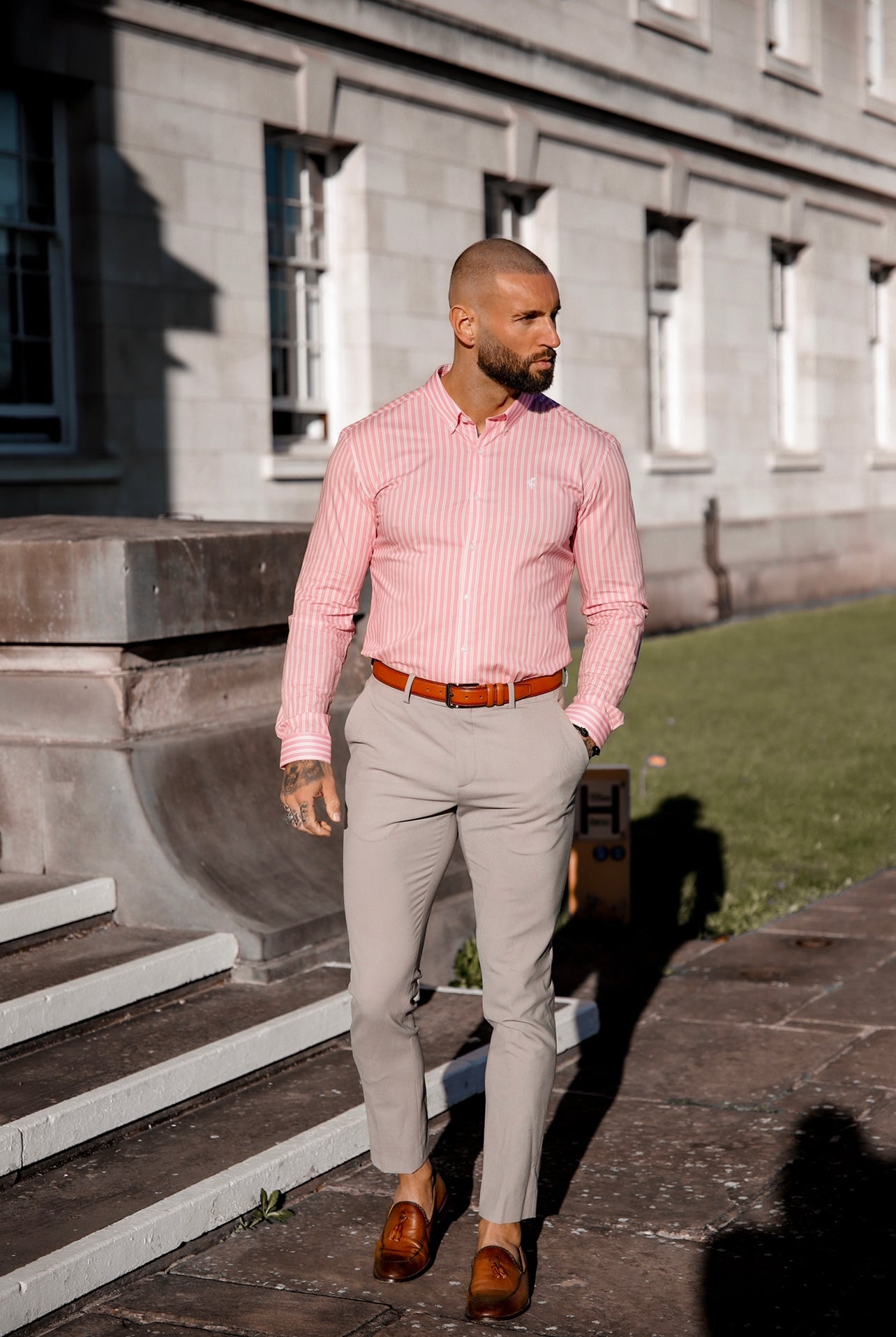 Super Slim Stretch White / Pink Stripe Print Long Sleeve with Button Down Collar - FS888