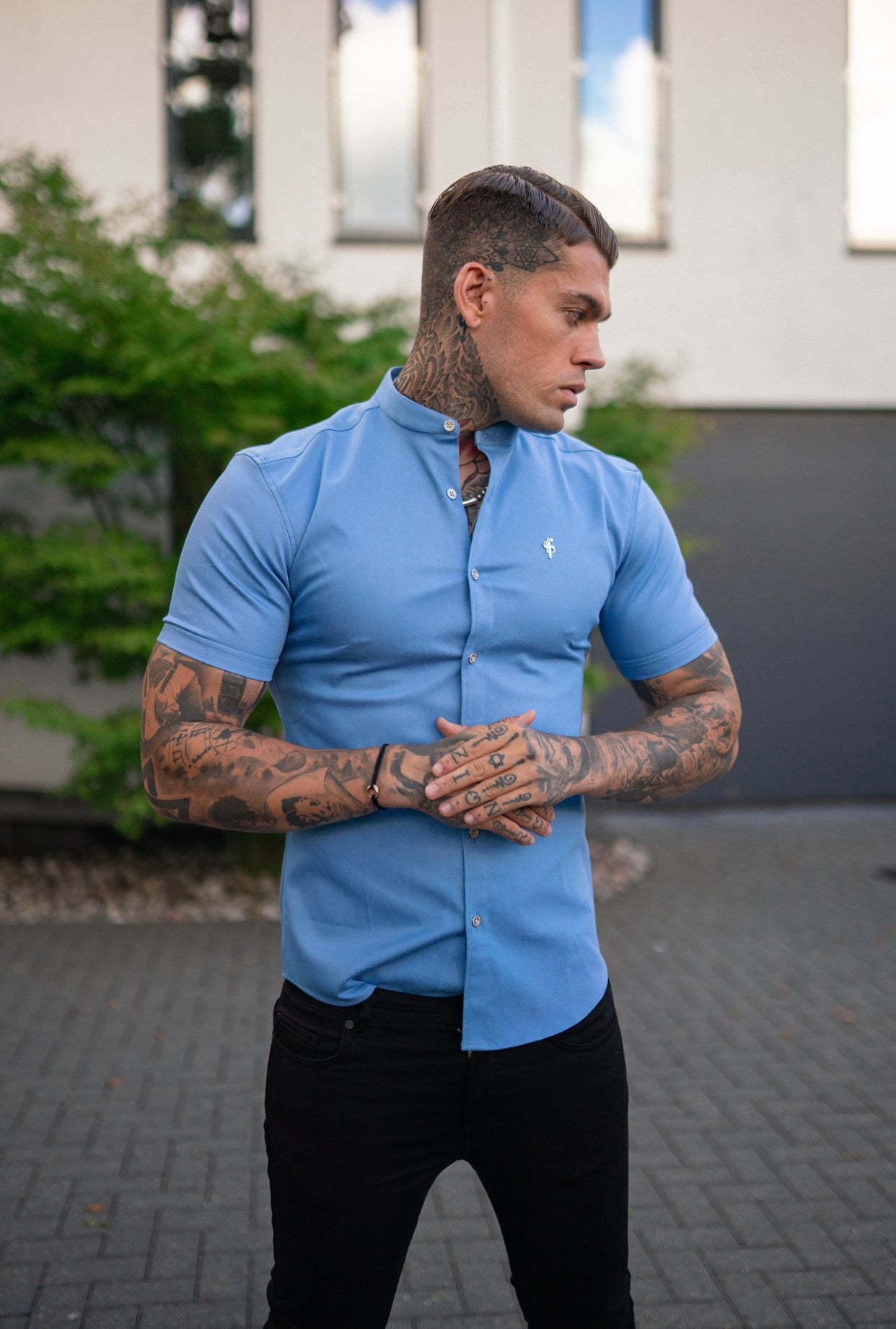 Super Slim Stretch Light Blue Denim Short Sleeve Grandad collar with Silver Metal Buttons and Decal Emblem - FS718