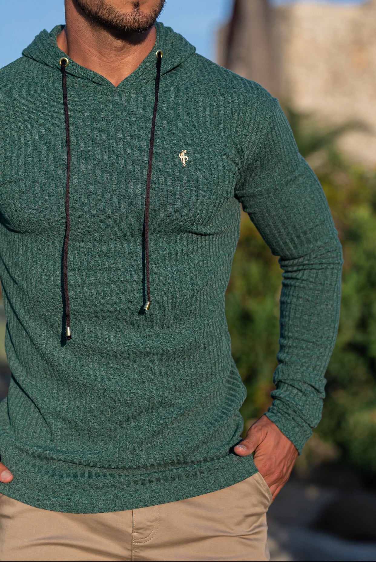 Classic Forest Green / Gold Ribbed Knit Hoodie Jumper - FSH508