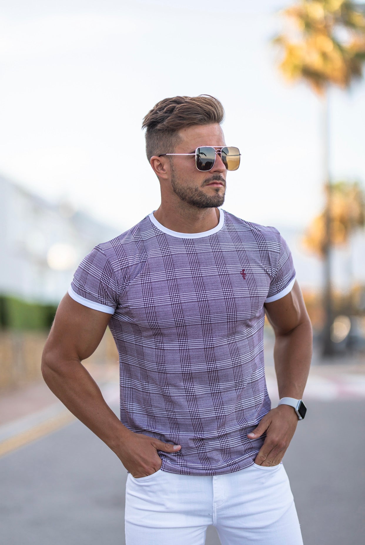 Prince of Wales Burgundy & White Check Crew T Shirt - FSH443