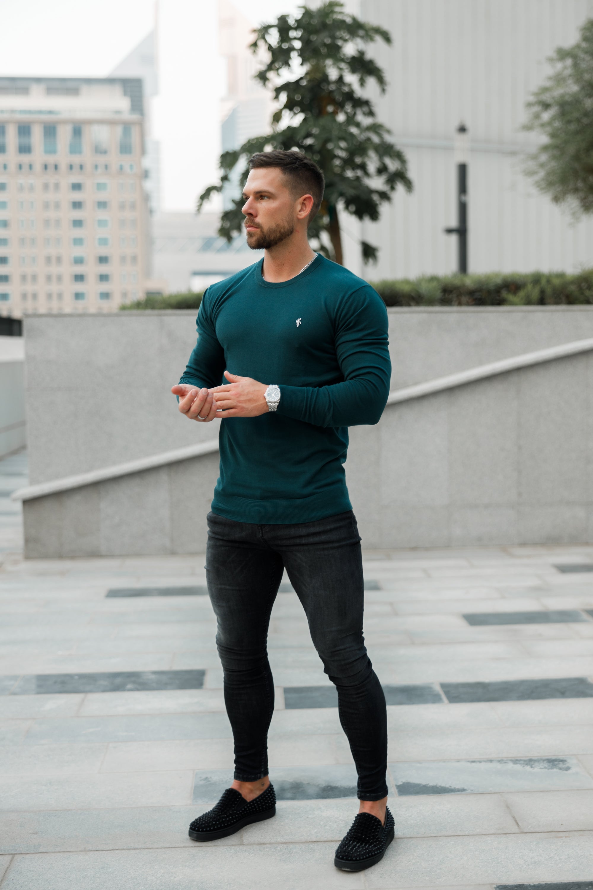 Classic Forest Green Light Weight Knitted Crew Neck with Metal Decal - FSN095