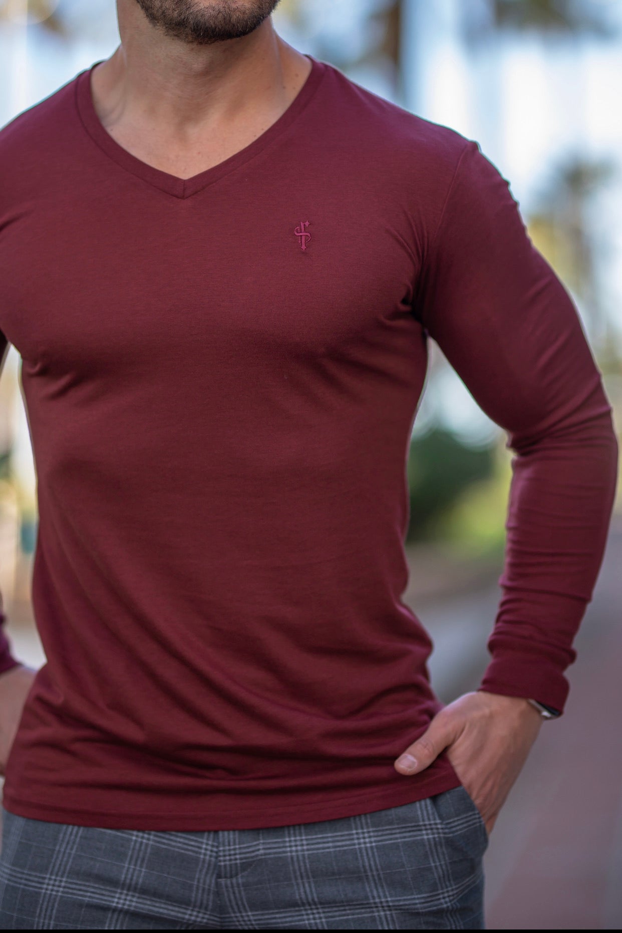 Ox Blood Bamboo V Neck Crew Long Sleeve - FSH589