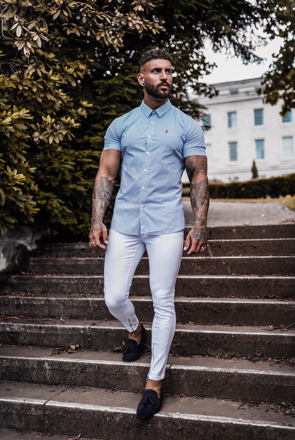 Super Slim Stretch Navy & White Stripe Short Sleeve Regular Stretch(Red Emblem) - FS573