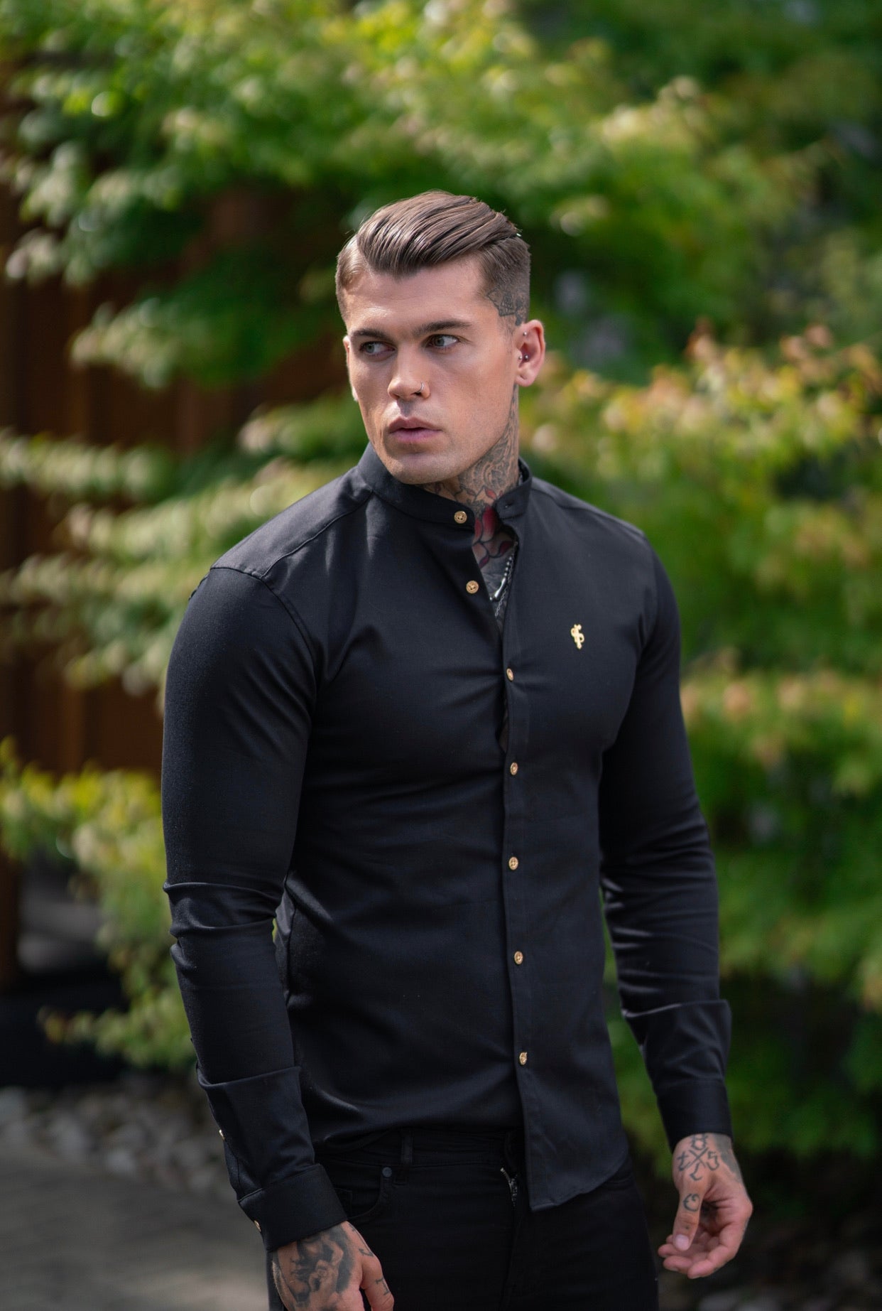 Super Slim Stretch Black Denim Long Sleeve Grandad collar with Metal Buttons and Decal Emblem - FS707