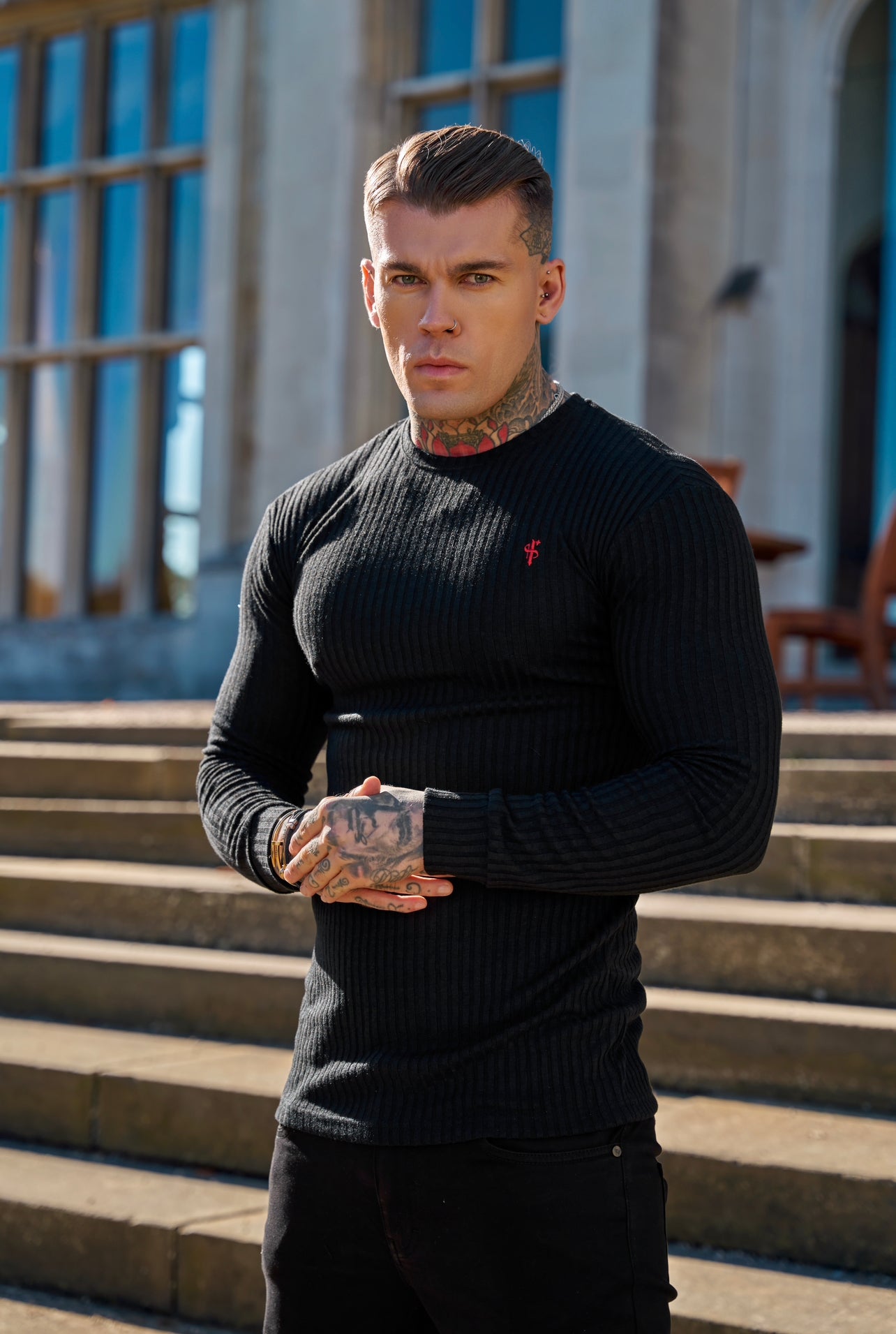 Classic Black / Red Ribbed Knit Crew Jumper - FSH764
