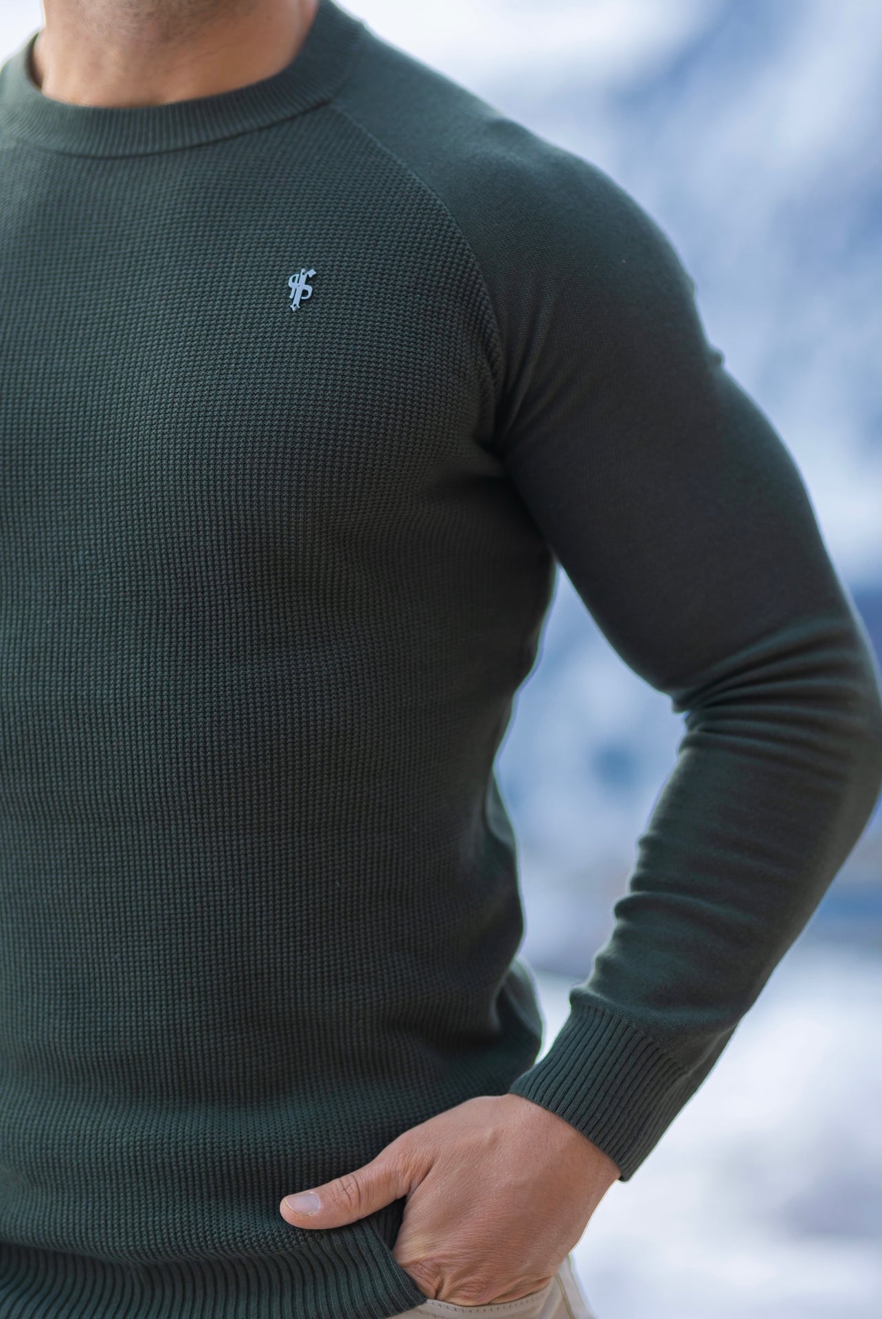Khaki Knitted Honeycomb Raglan Crew Super Slim Jumper With Metal Decal - FSN064
