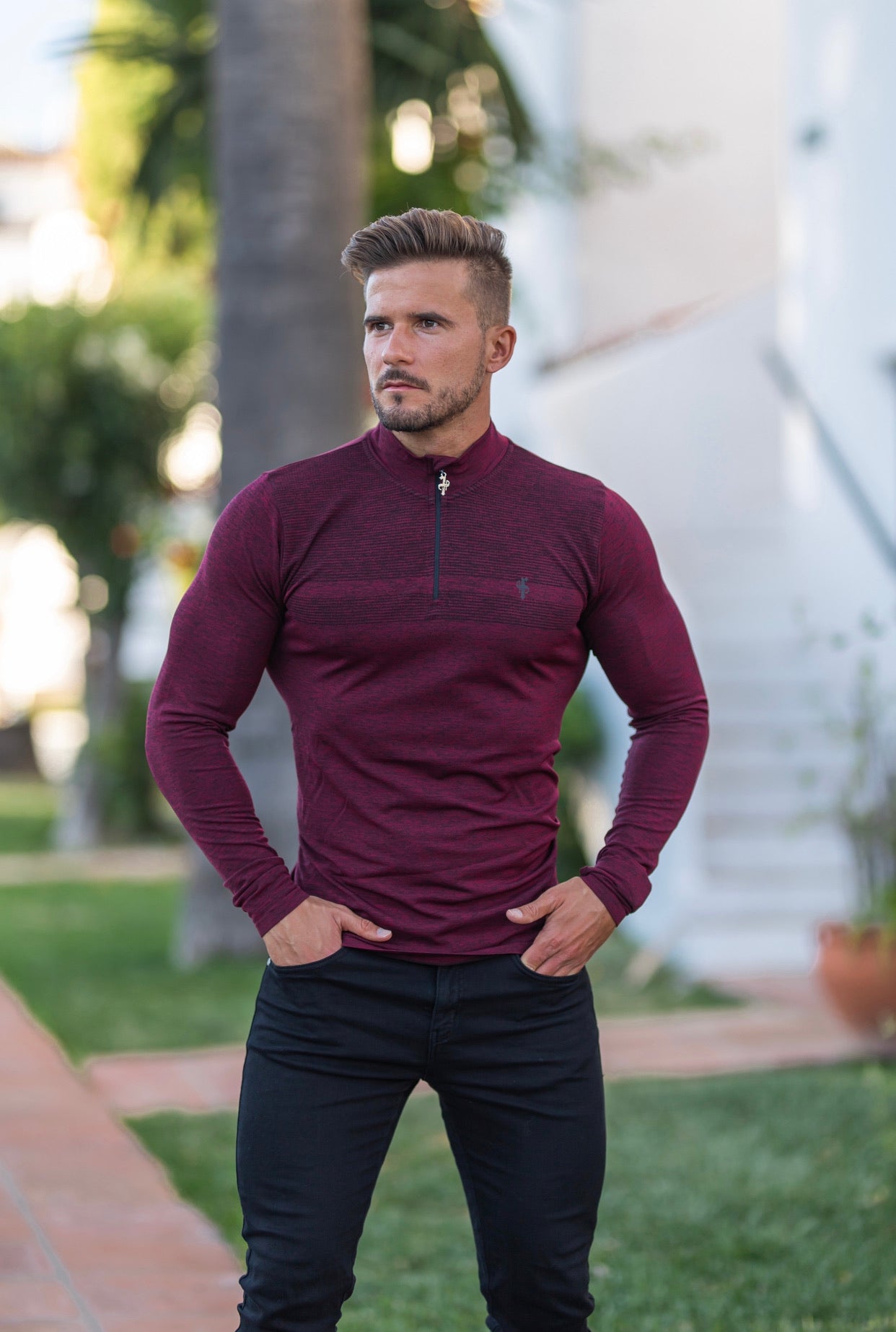Long sleeve Burgundy / Black half zip gym top - FSM030