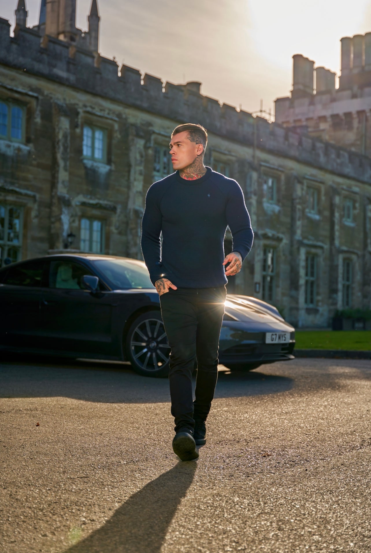 Navy Knitted Raglan Crew Super Slim Jumper With Metal Decal - FSJ051