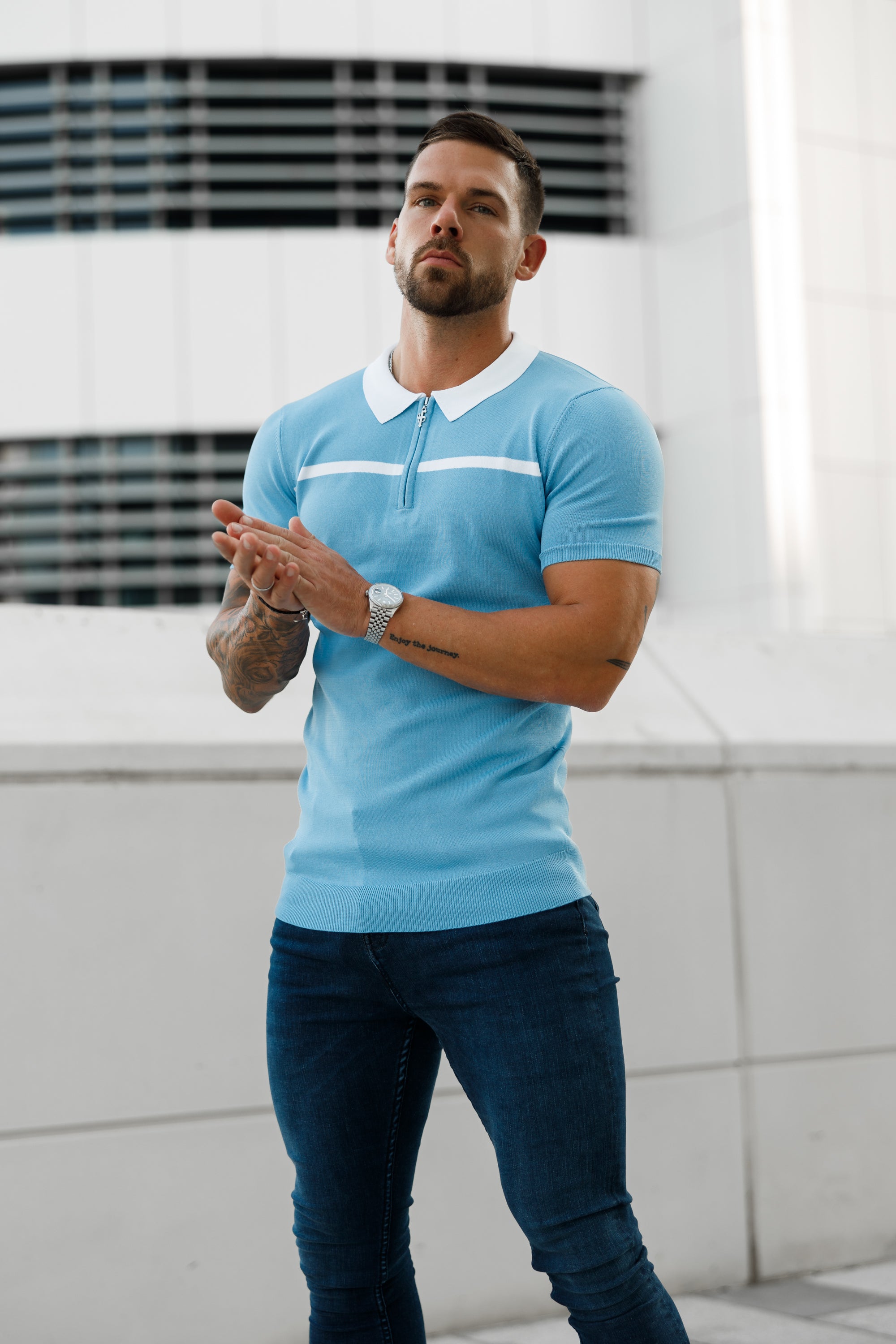 Classic Sky Blue / White Horizontal Stripe Zipped Polo Short Sleeve - FSN058