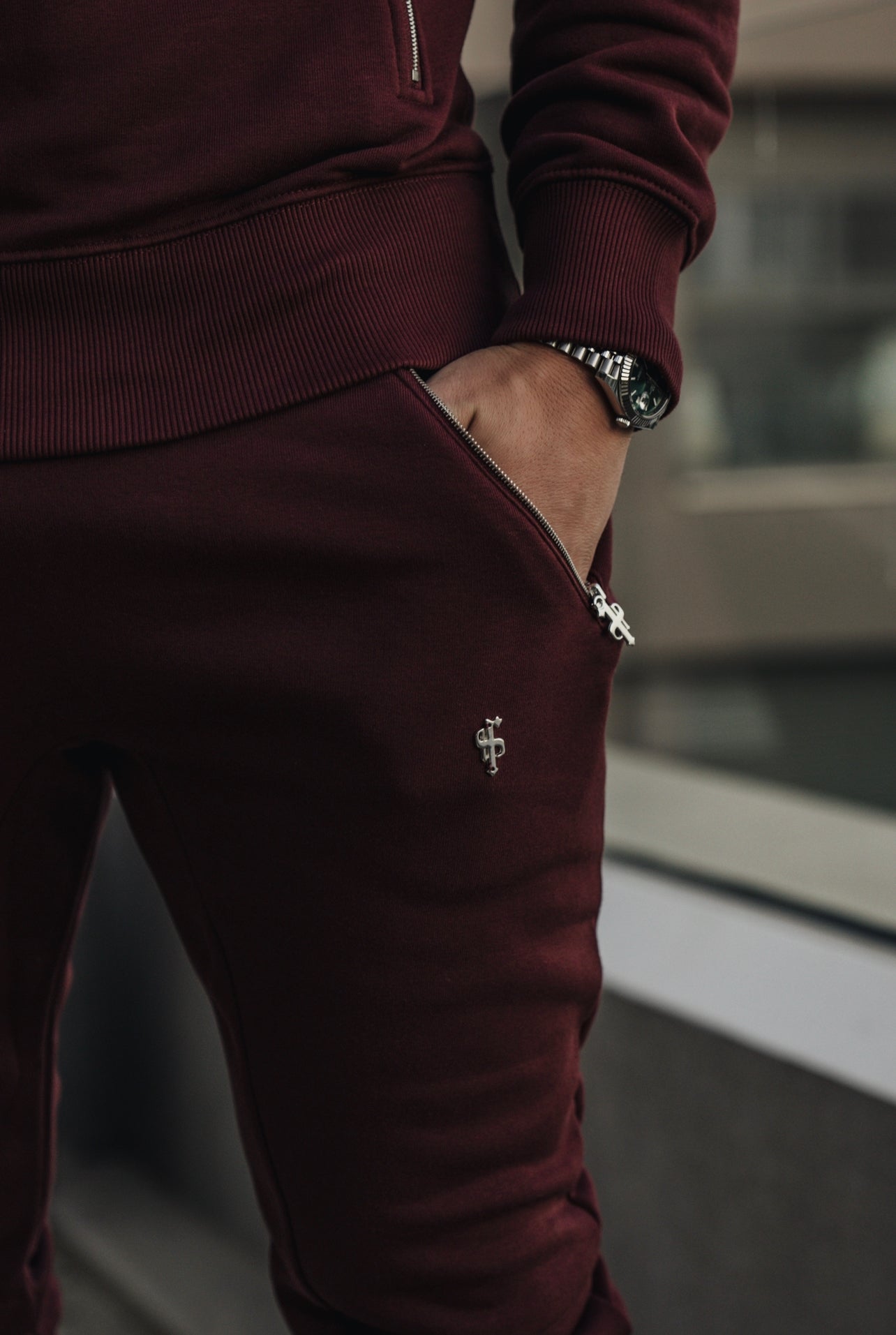 Burgundy / Silver Overhead Hoodie Top with Zipped Pockets - FSH797