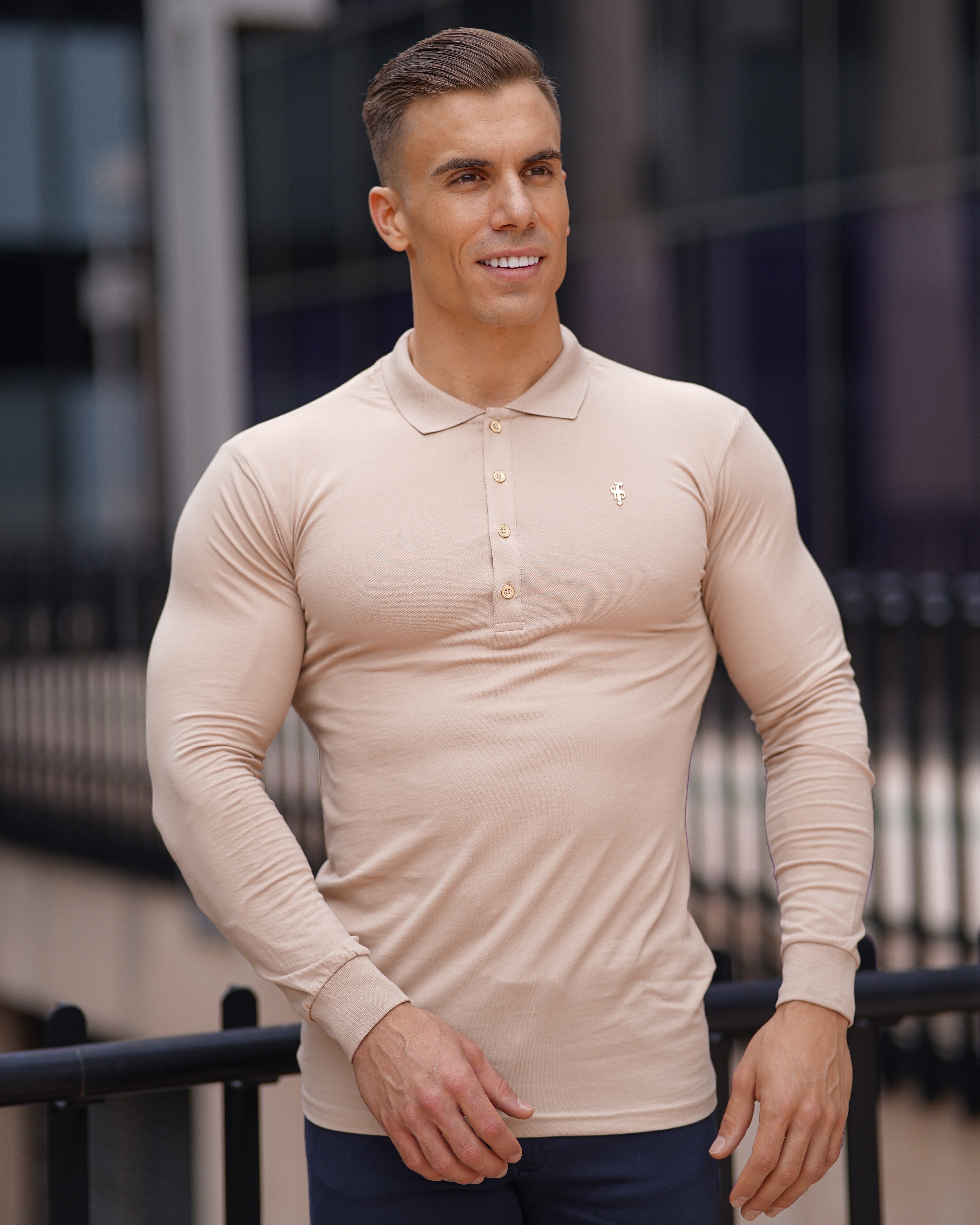 Classic Beige Long Polo Shirt with Gold Metal Emblem Decal & Buttons - FSH518