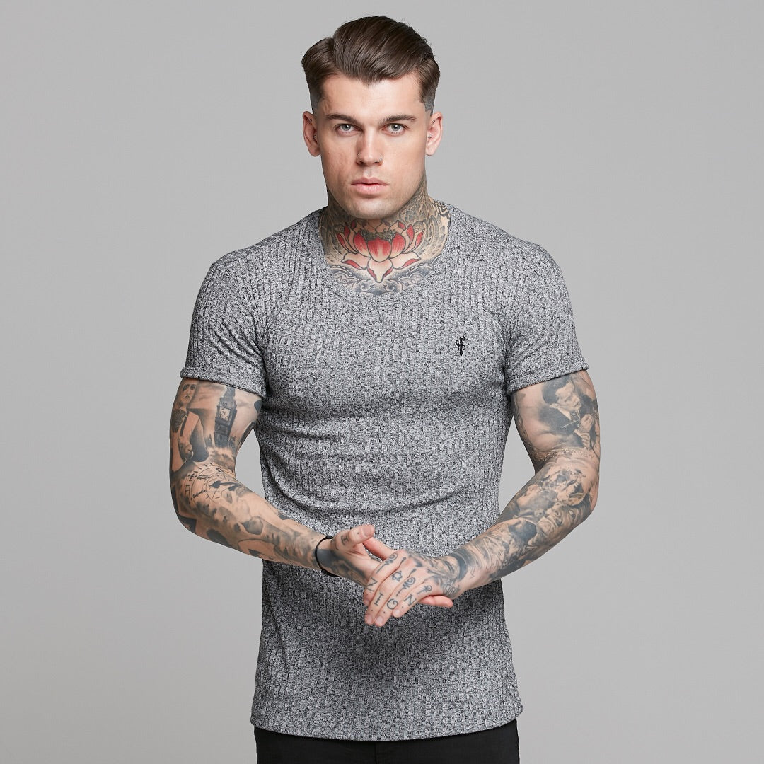 Classic Grey Ribbed Knit Super Slim Long Line Crew- FSH173
