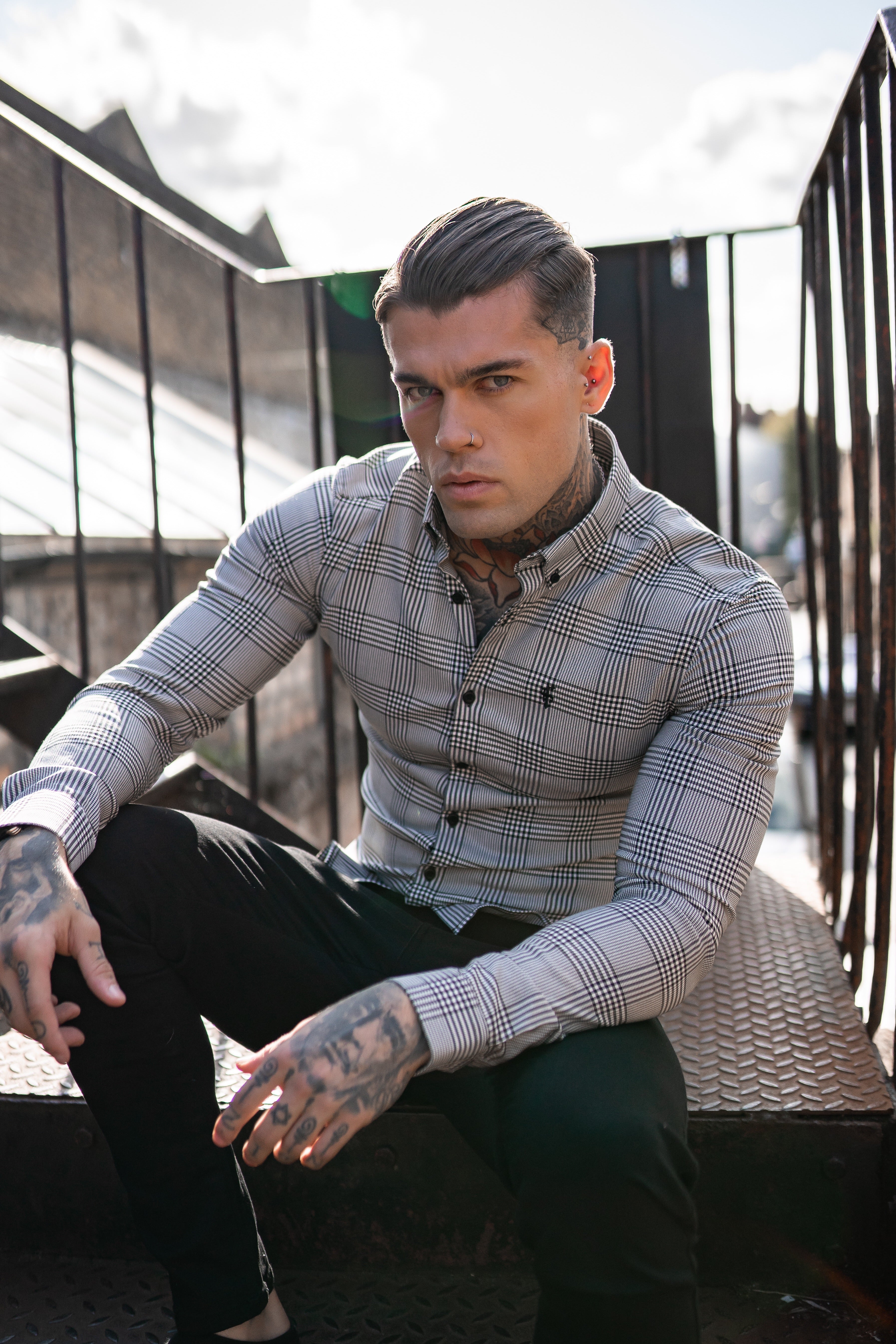 Super Slim Stretch Prince Of Wales White and Black Check Long Sleeve - FS517