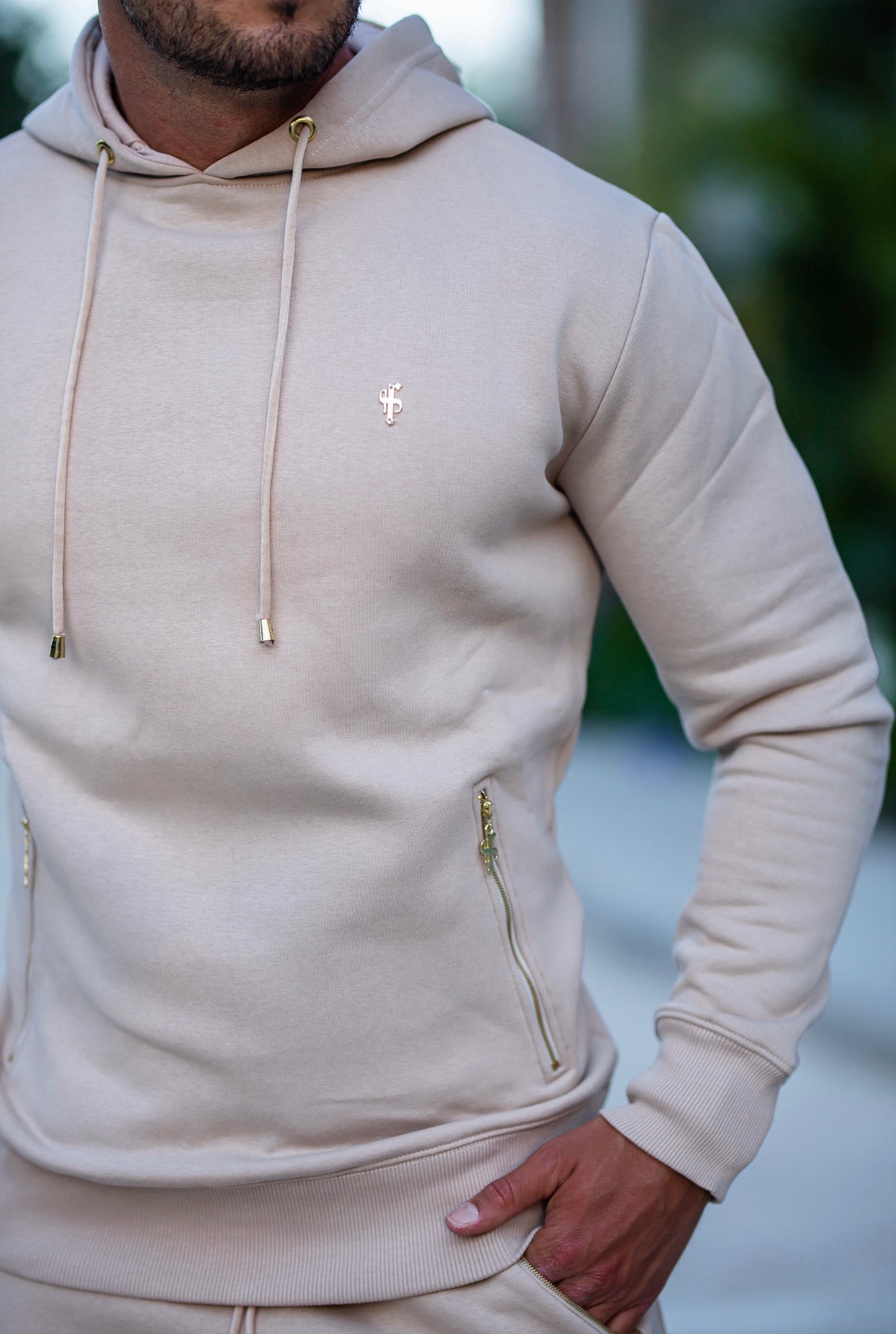 Beige & Gold Overhead Hoodie Top with Zipped Pockets - FSH483
