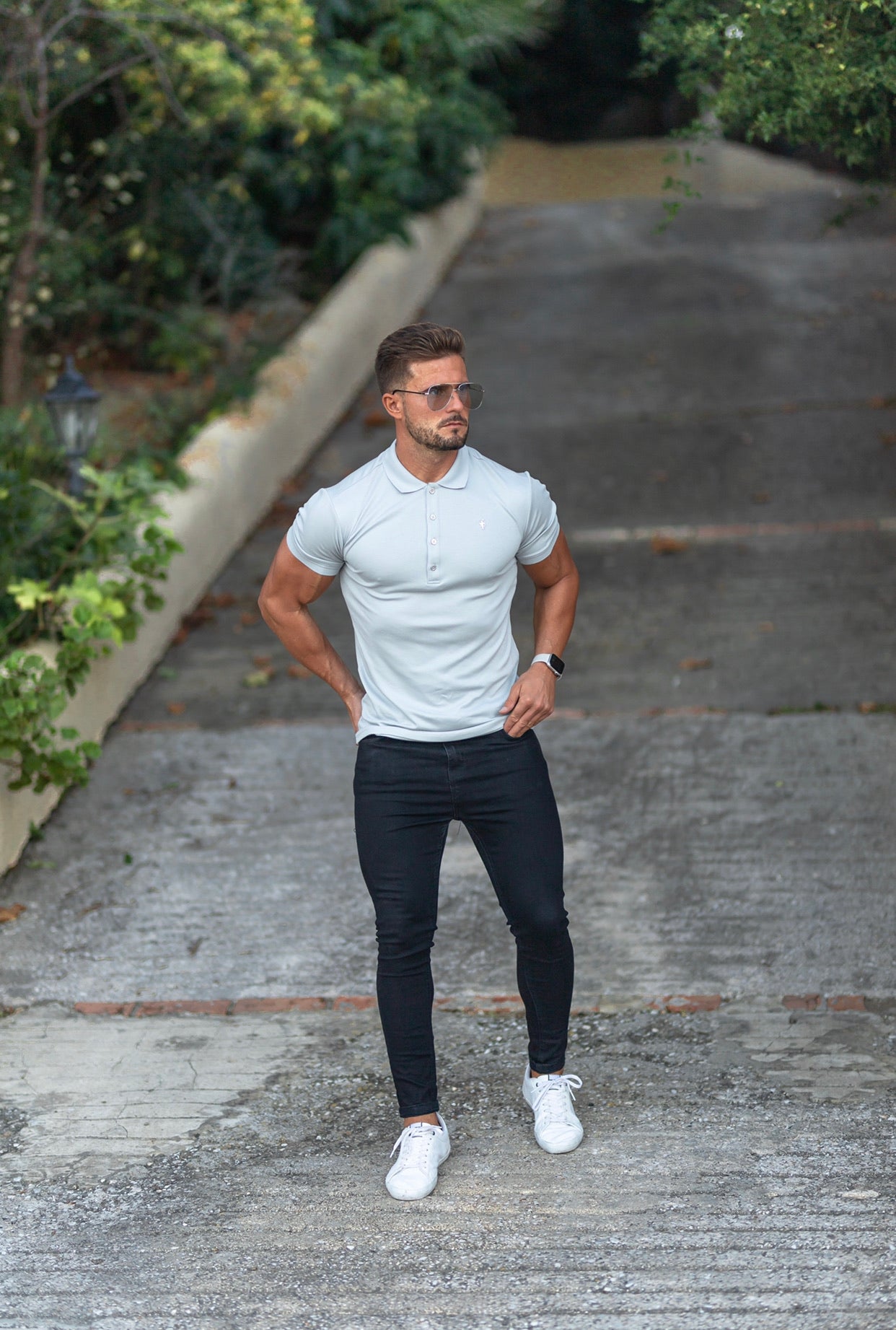 Classic Light Grey Pima Polo Shirt with Metal Buttons and Emblem Short Sleeve - FSH527