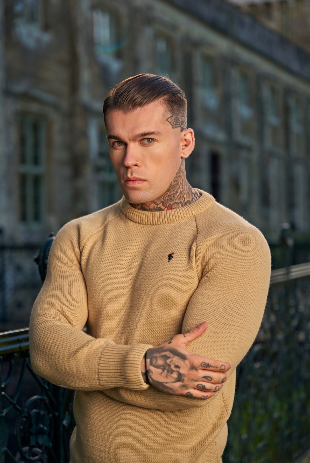 Oatmeal Knitted Raglan Crew Super Slim Jumper With Metal Decal - FSJ053