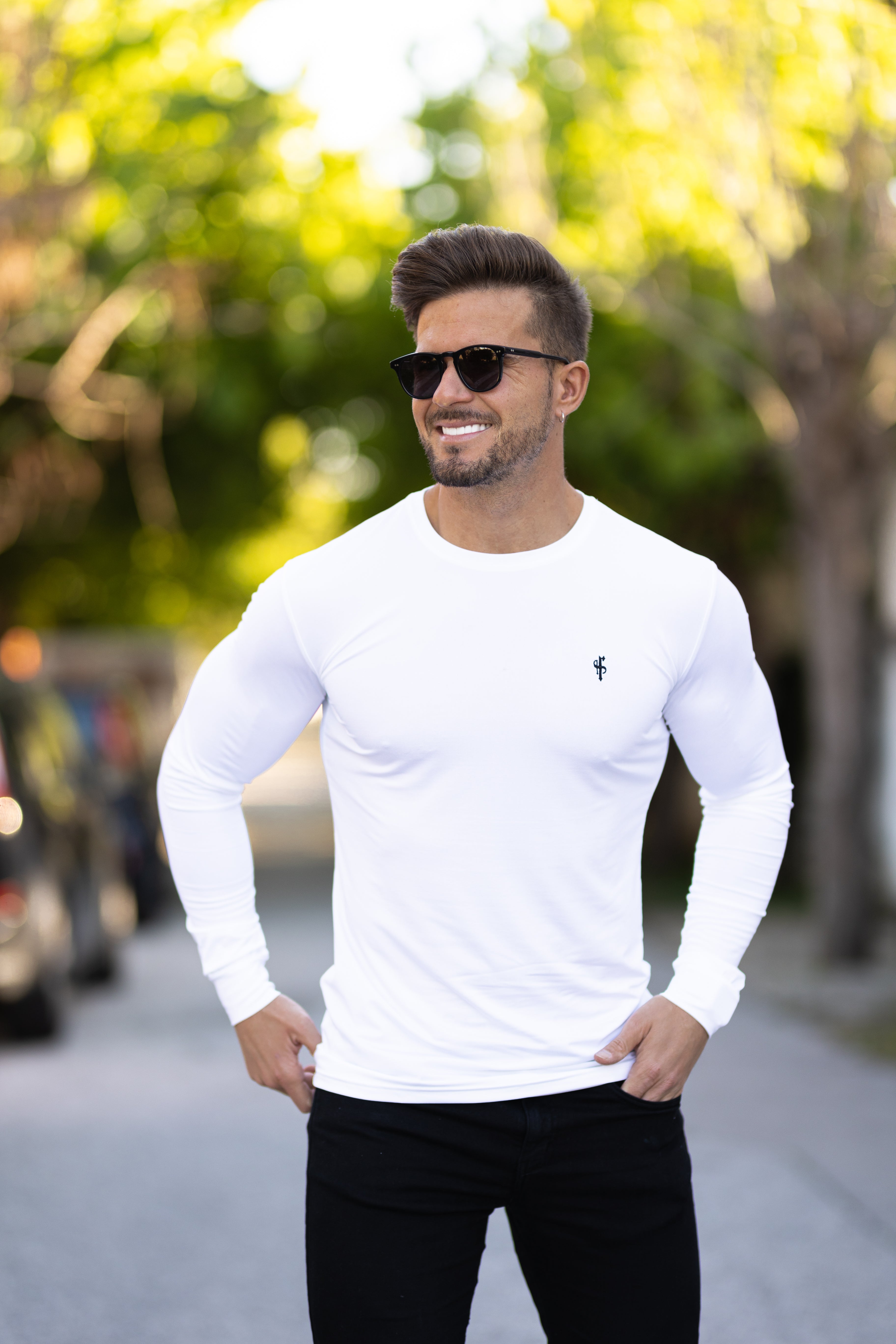 Long Sleeve White Gym Crew Top - FSH709