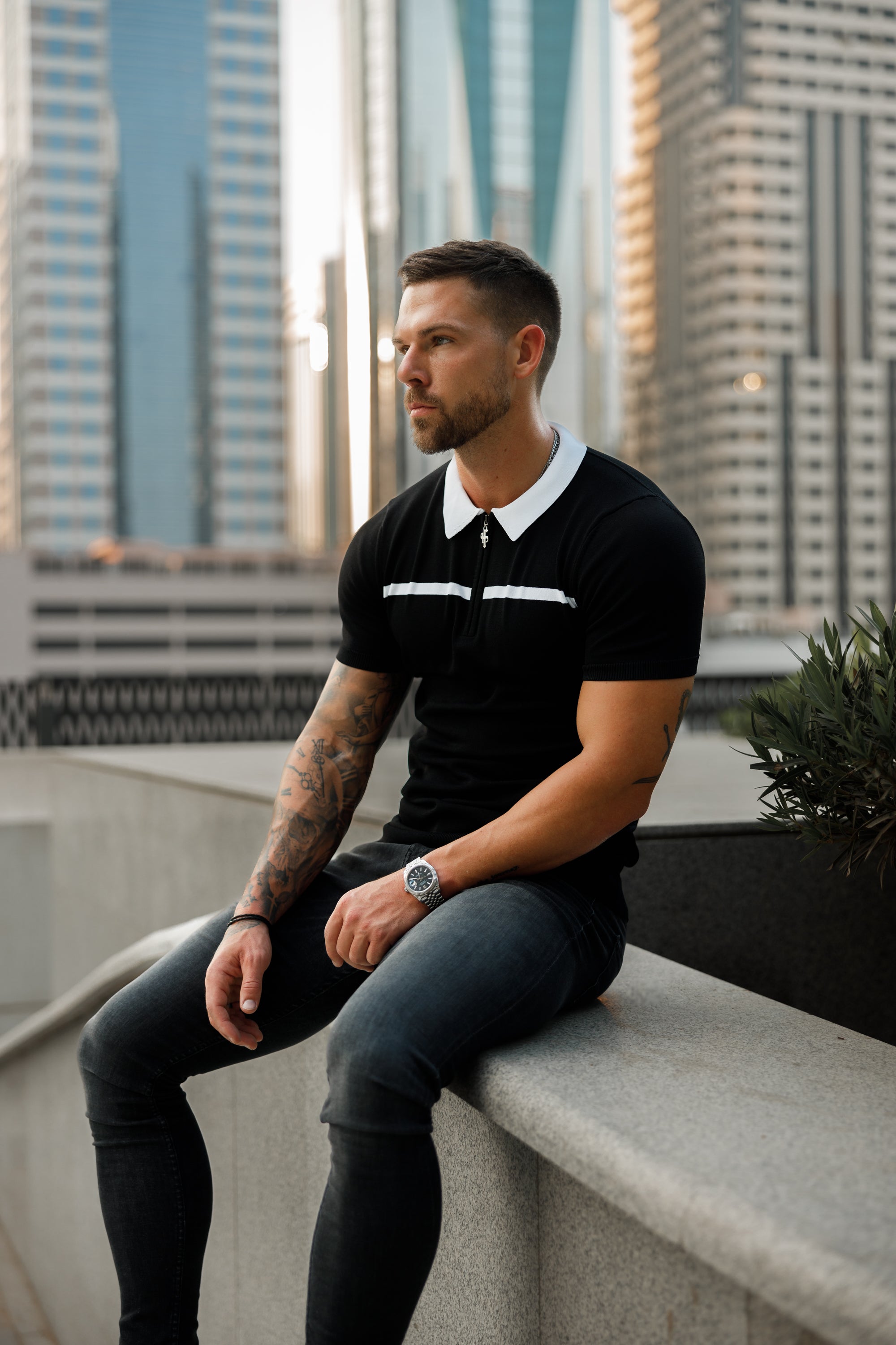 Classic Black / White Horizontal Stripe Zipped Polo Short Sleeve - FSN038