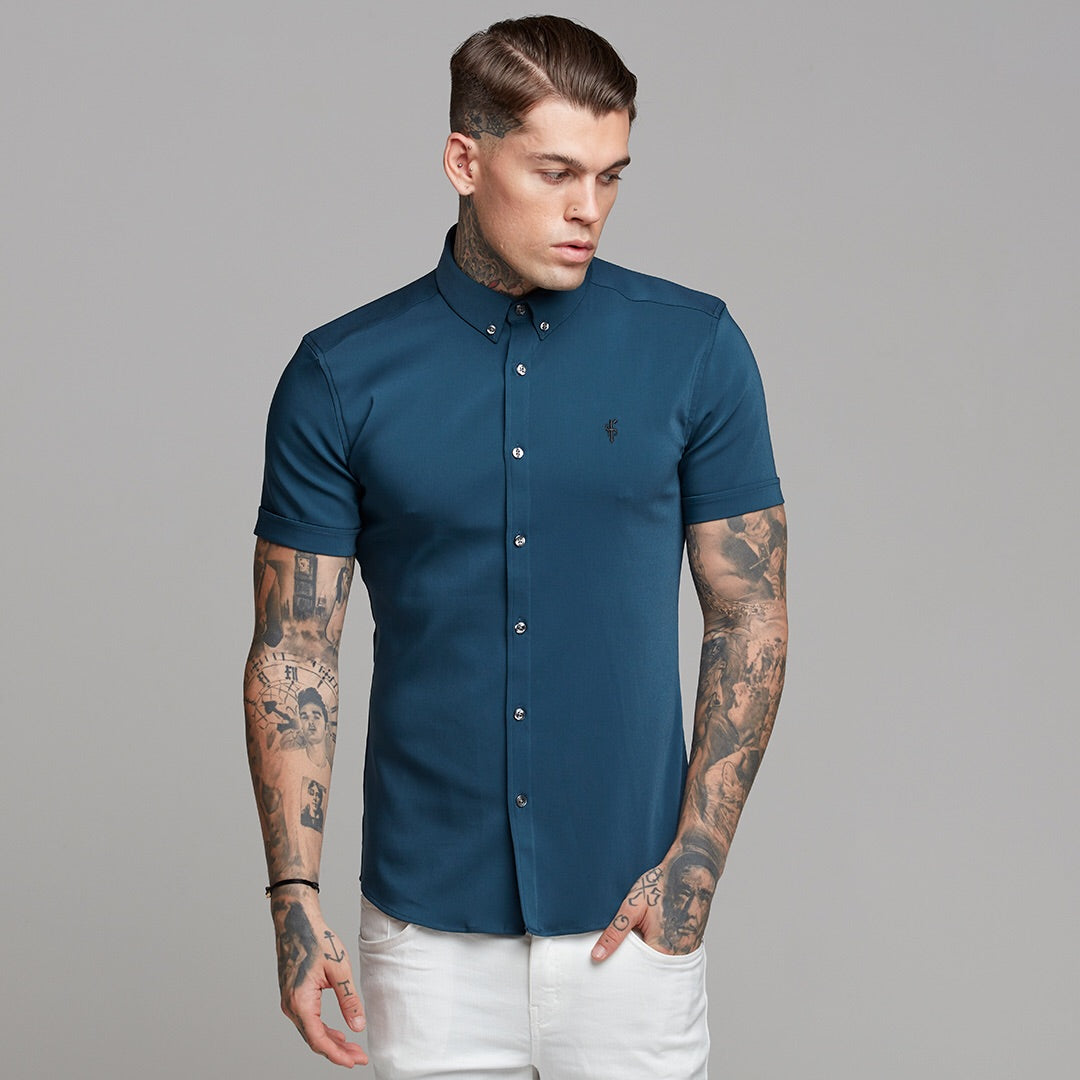 Super Slim Ultra Stretch Classic Teal Short Sleeve (Charcoal Buttons) - FS485