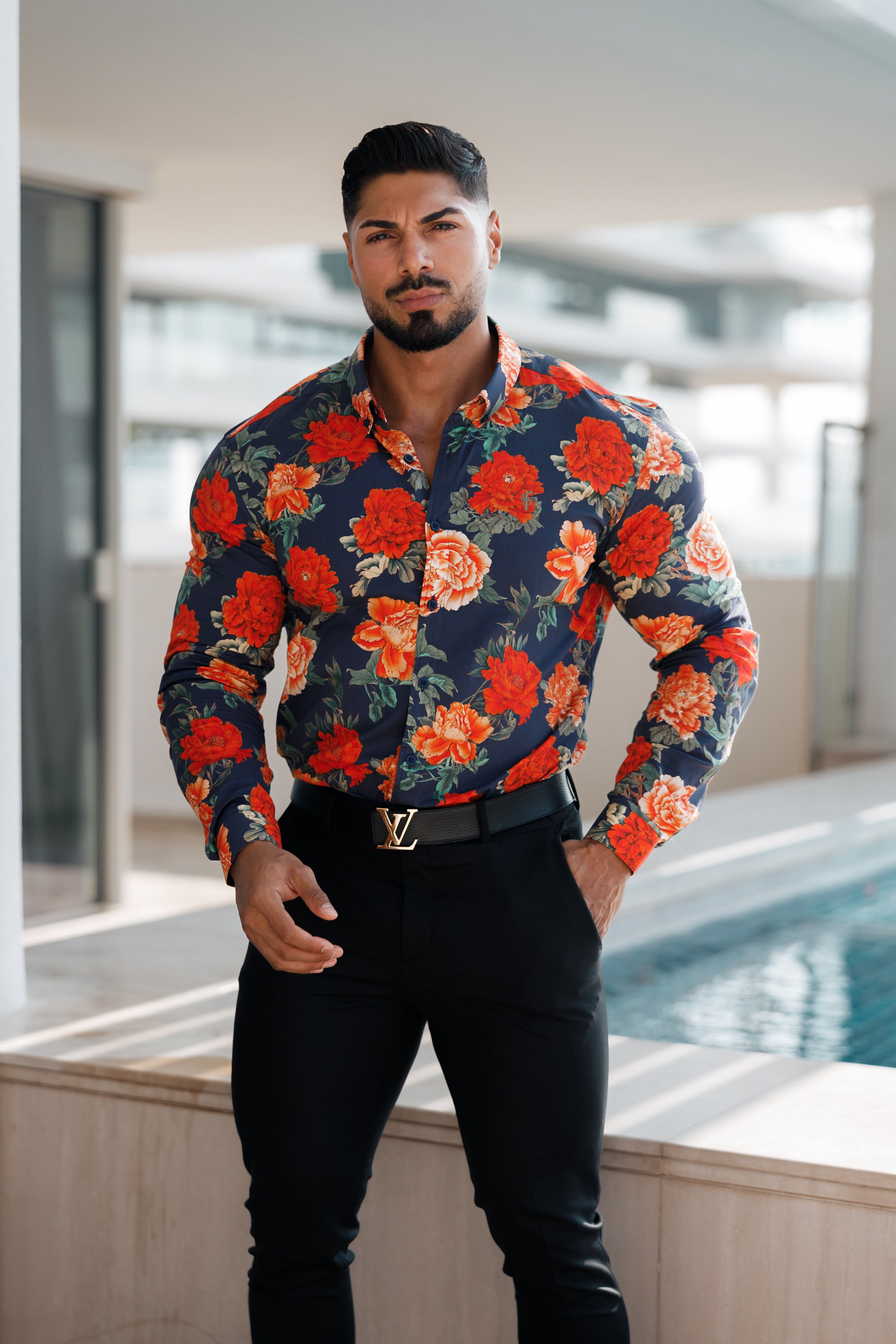 Super Slim Stretch Navy and Red Floral Print Long Sleeve with Button Down Collar - FS840