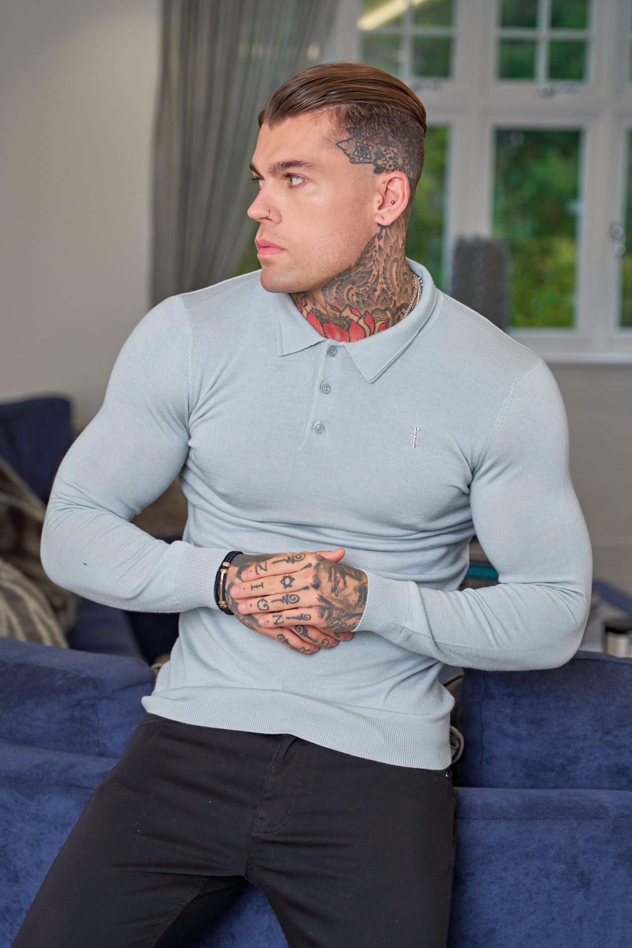 Classic Grey Merino Wool Knitted Polo Jumper Long Sleeve With FS Embroidery- FSN017