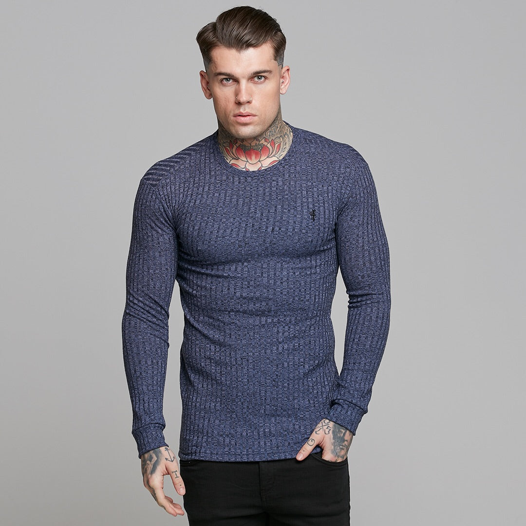 Classic Navy Ribbed Knit Super Slim Crew - FSH114