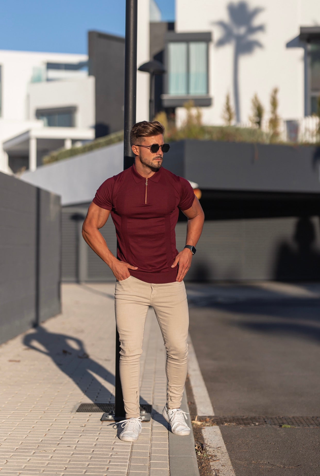 Classic Fig Burgundy and Gold Zip Knitted Short Sleeve Polo - FSH466